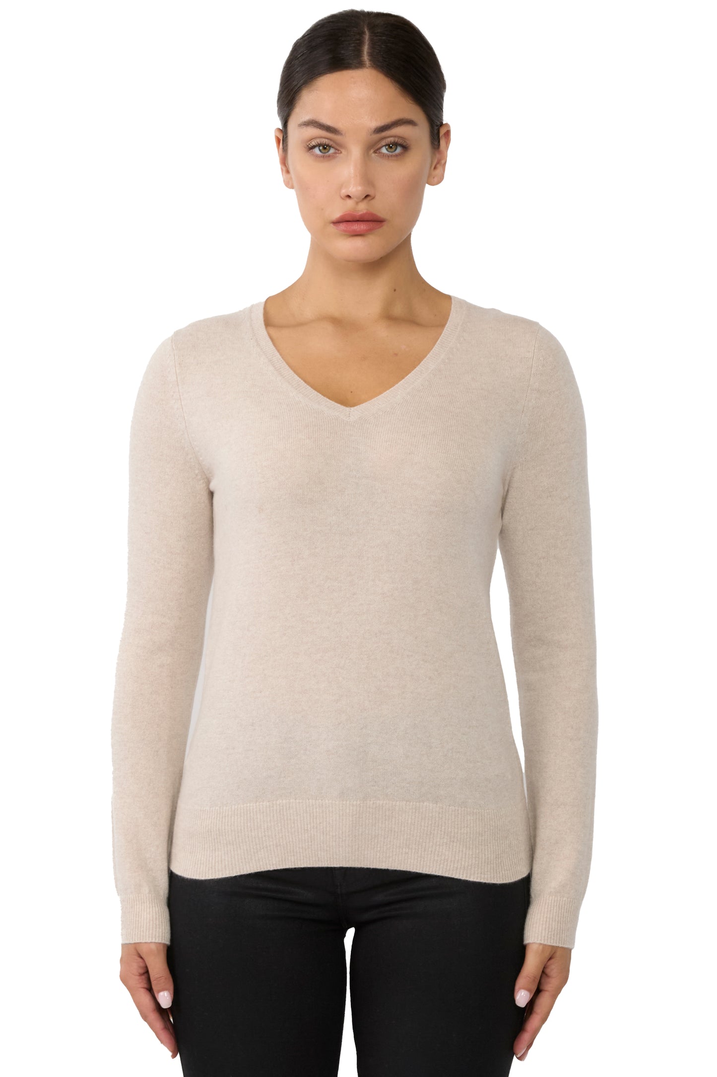 JENNIE LIU Women's 100% Pure Cashmere Long Sleeve Pullover V Neck Sweater
