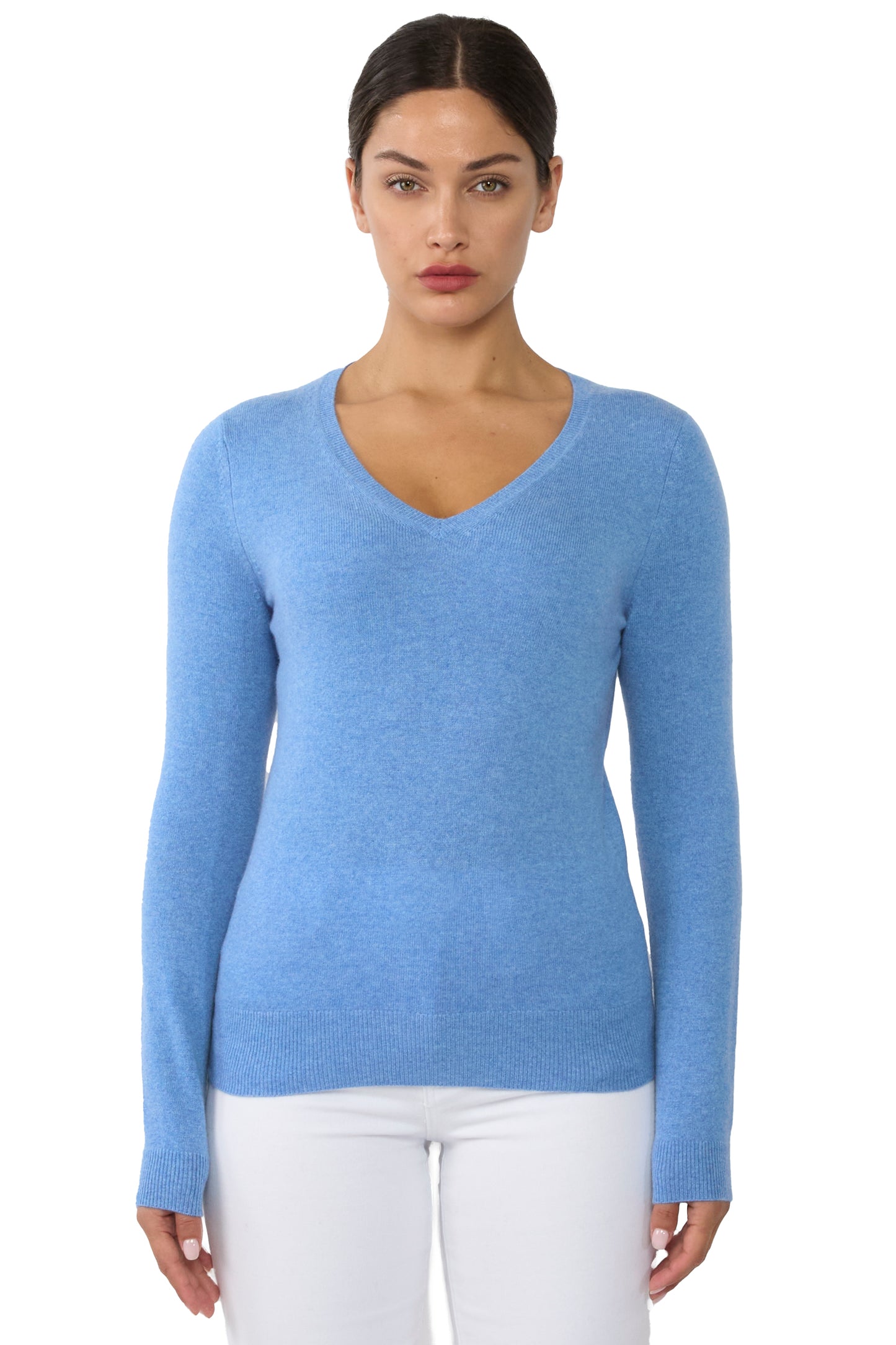 JENNIE LIU Women's 100% Pure Cashmere Long Sleeve Pullover V Neck Sweater