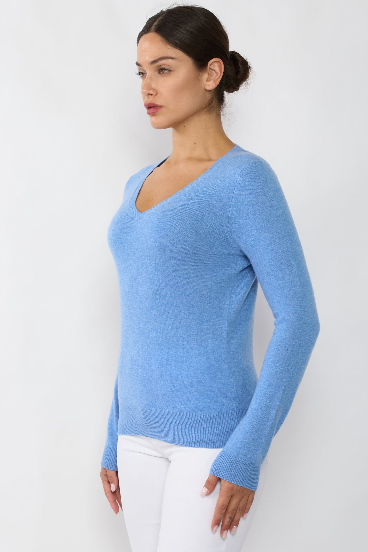 JENNIE LIU Women's 100% Pure Cashmere Long Sleeve Pullover V Neck Sweater