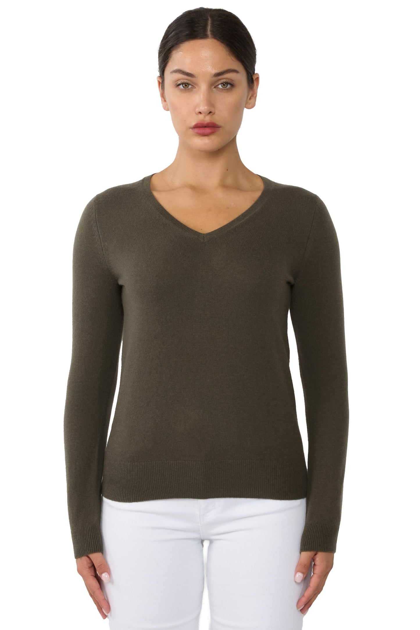JENNIE LIU Women's 100% Pure Cashmere Long Sleeve Pullover V Neck Sweater