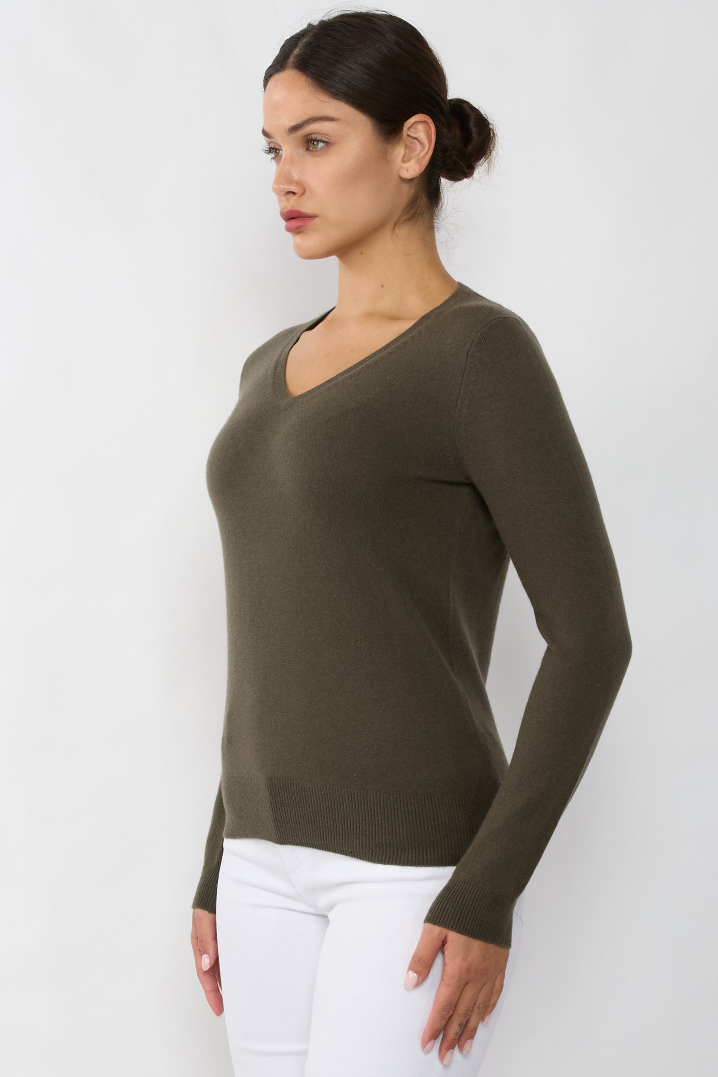 JENNIE LIU Women's 100% Pure Cashmere Long Sleeve Pullover V Neck Sweater
