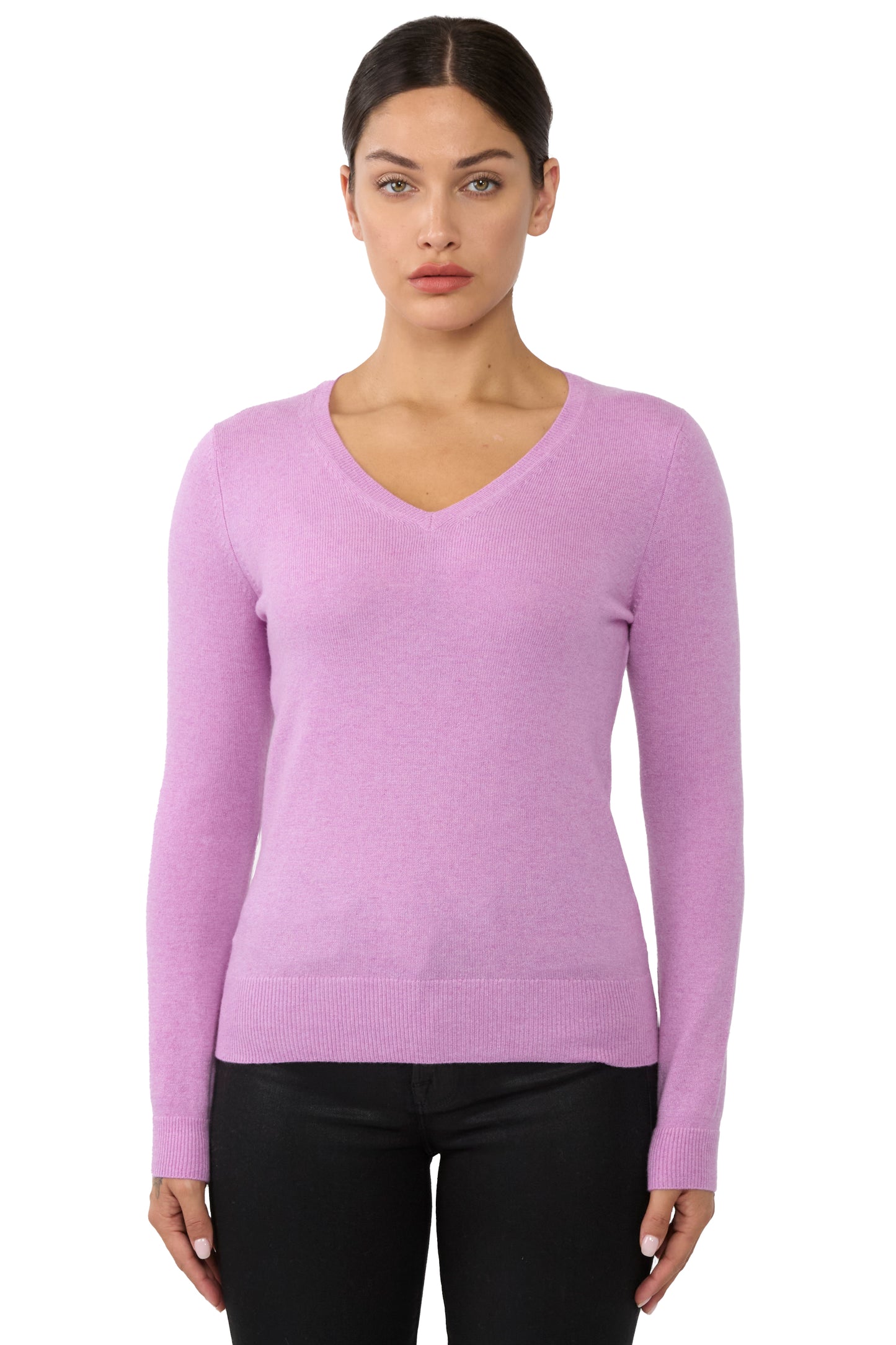 JENNIE LIU Women's 100% Pure Cashmere Long Sleeve Pullover V Neck Sweater
