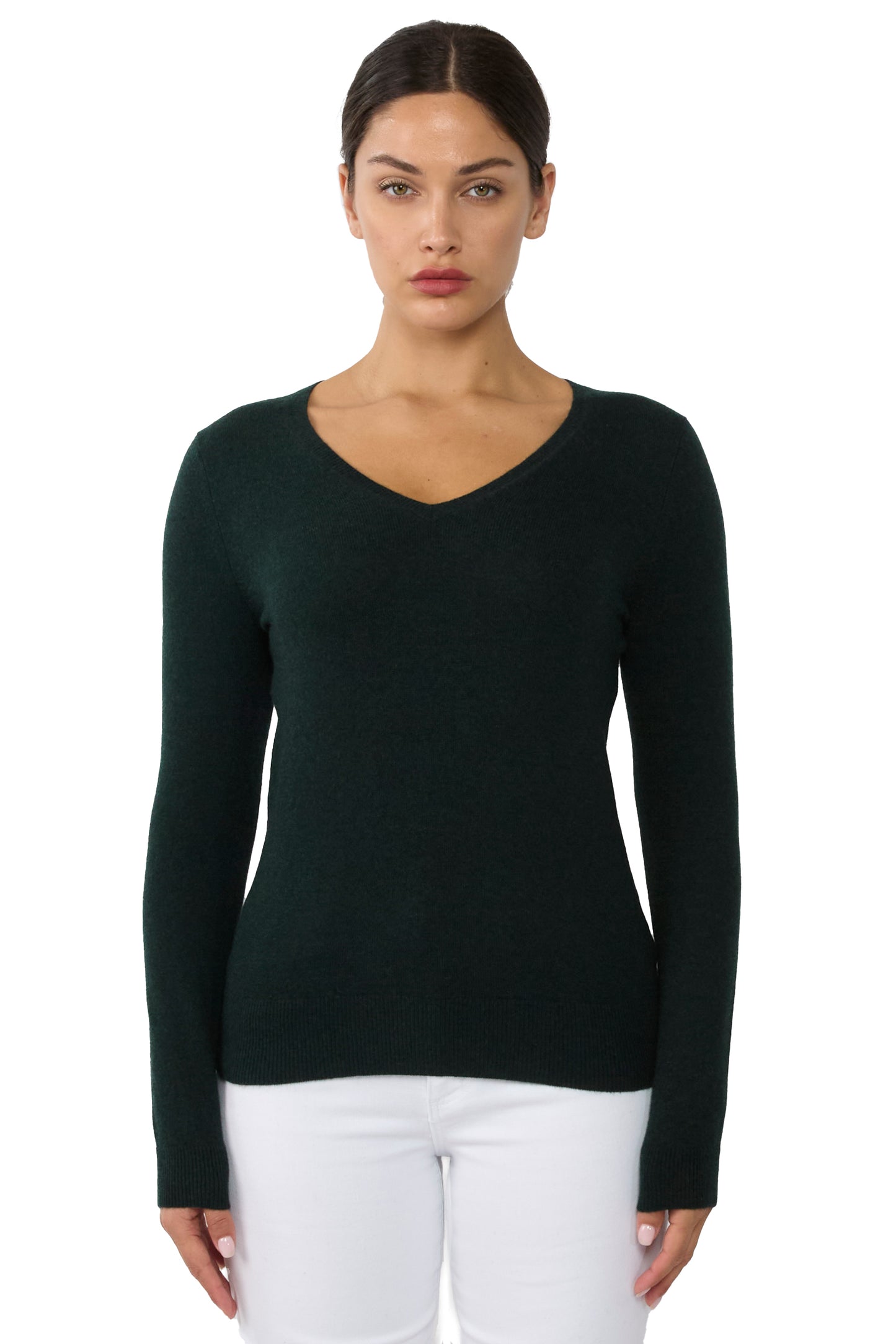 JENNIE LIU Women's 100% Pure Cashmere Long Sleeve Pullover V Neck Sweater