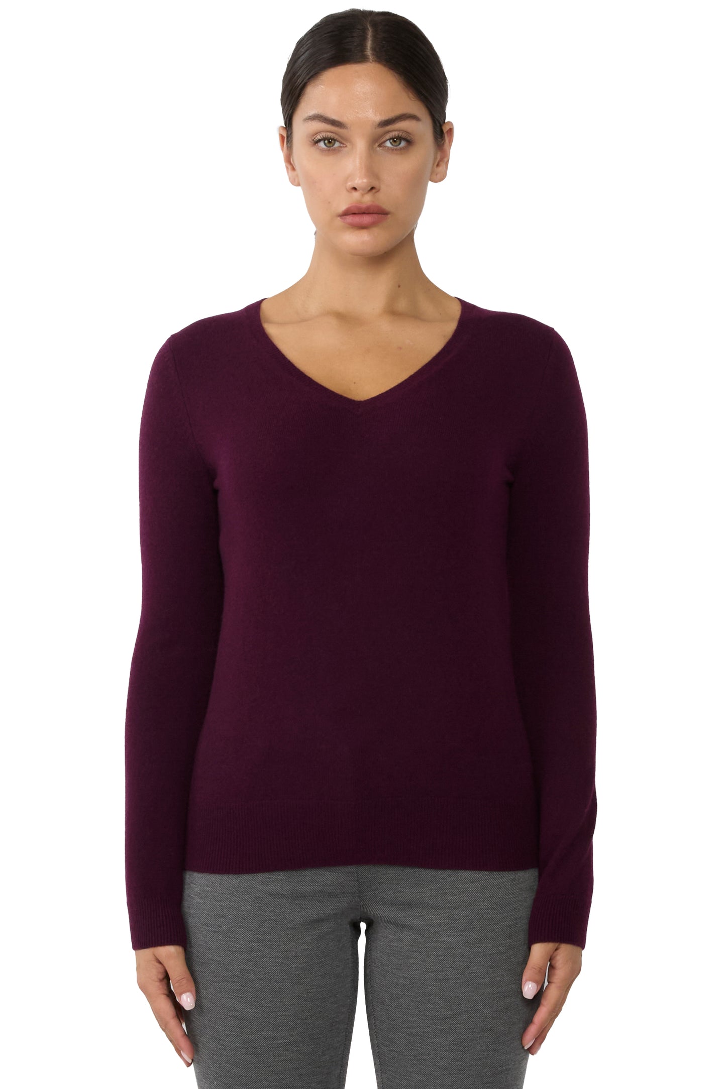 JENNIE LIU Women's 100% Pure Cashmere Long Sleeve Pullover V Neck Sweater