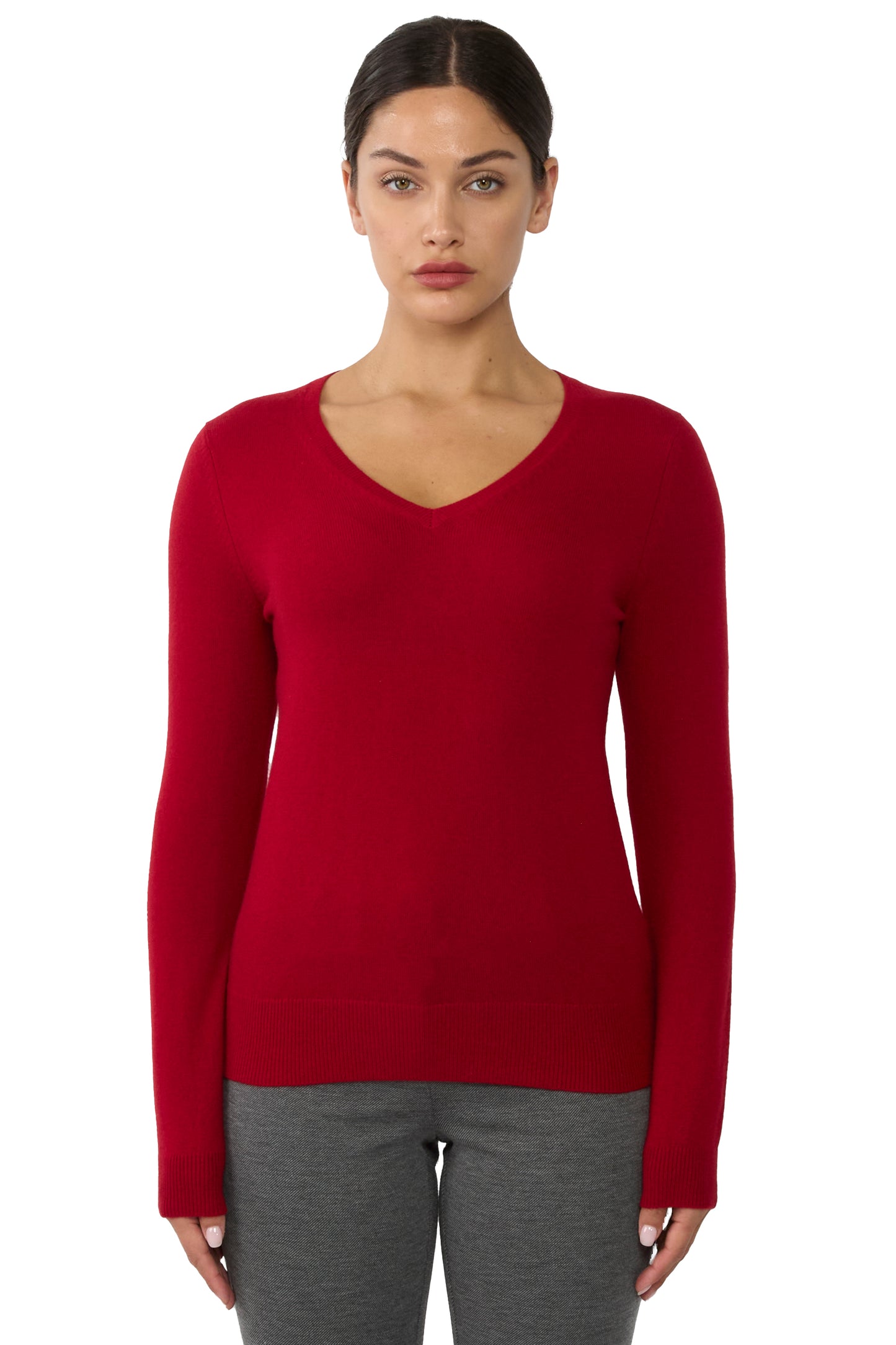 JENNIE LIU Women's 100% Pure Cashmere Long Sleeve Pullover V Neck Sweater