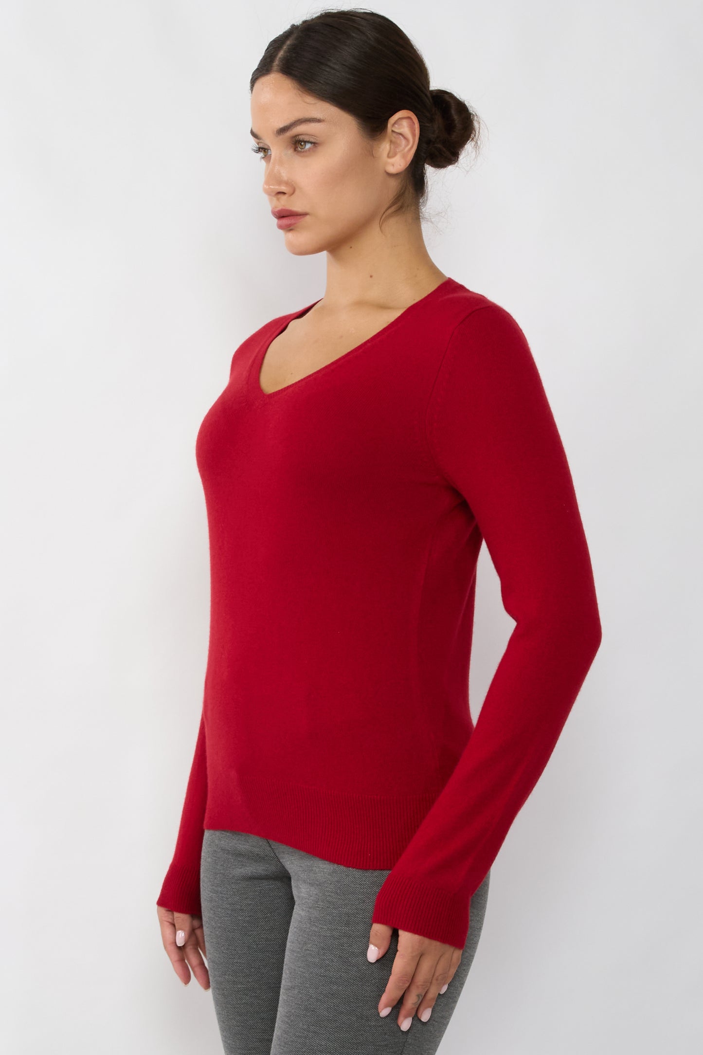 JENNIE LIU Women's 100% Pure Cashmere Long Sleeve Pullover V Neck Sweater