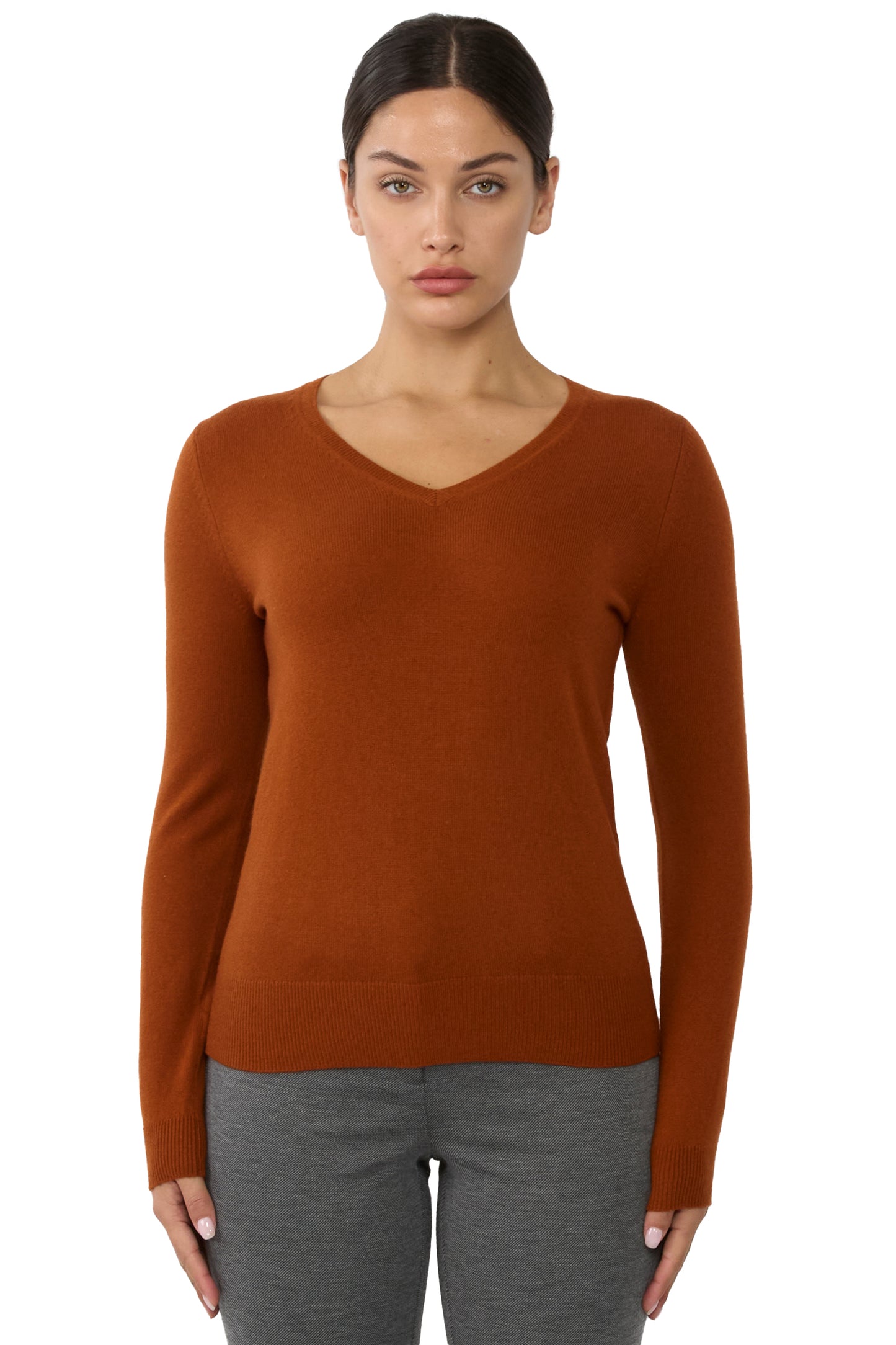 JENNIE LIU Women's 100% Pure Cashmere Long Sleeve Pullover V Neck Sweater