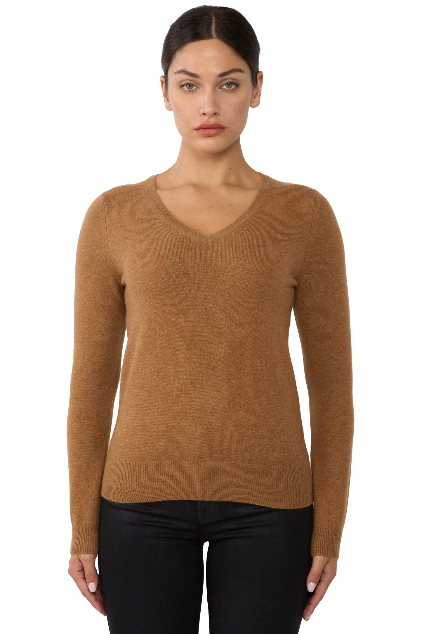 JENNIE LIU Women's 100% Pure Cashmere Long Sleeve Pullover V Neck Sweater