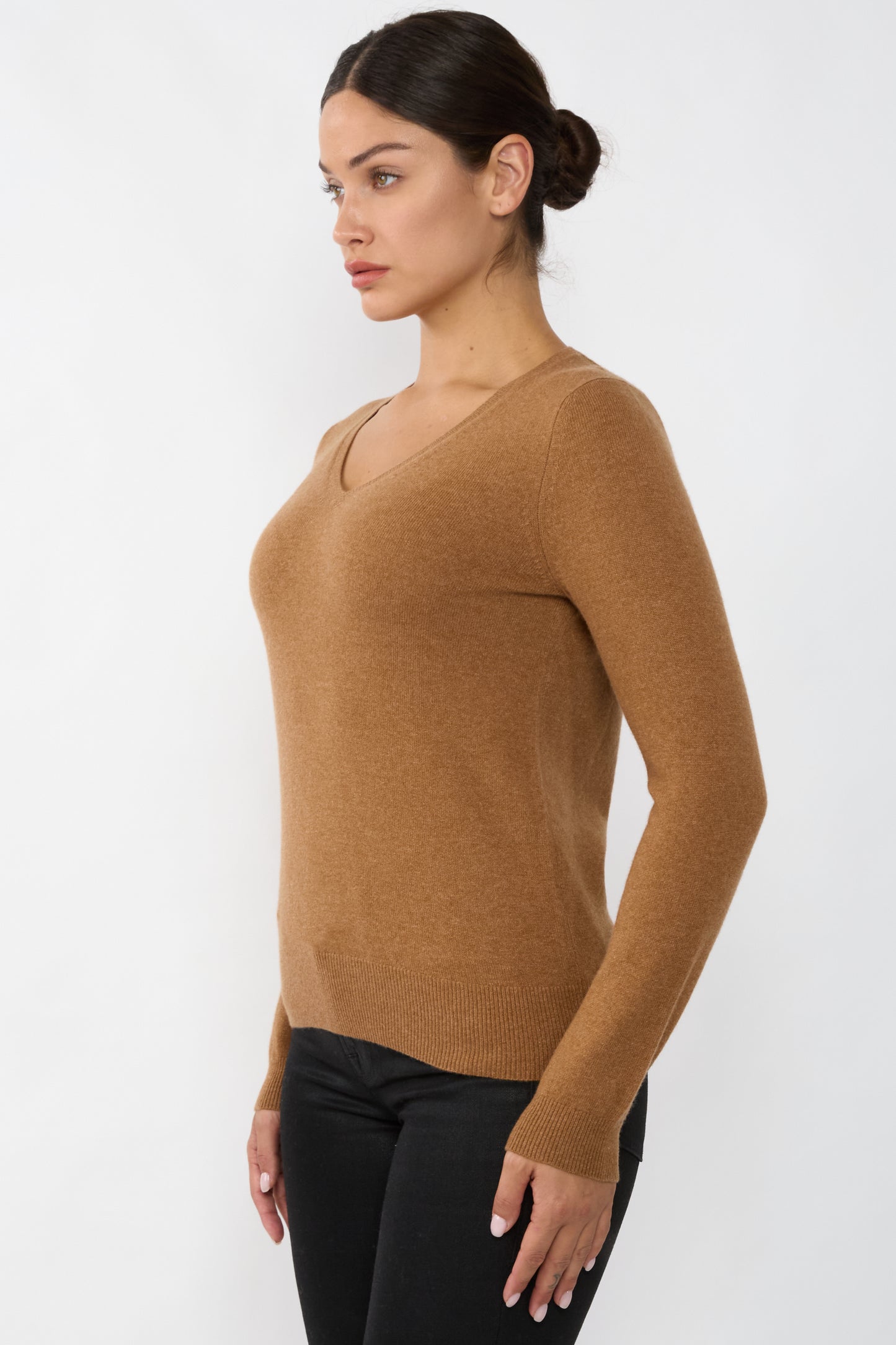 JENNIE LIU Women's 100% Pure Cashmere Long Sleeve Pullover V Neck Sweater