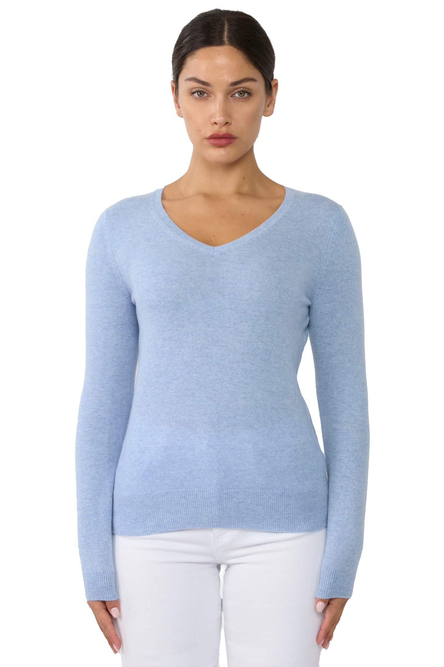 JENNIE LIU Women's 100% Pure Cashmere Long Sleeve Pullover V Neck Sweater