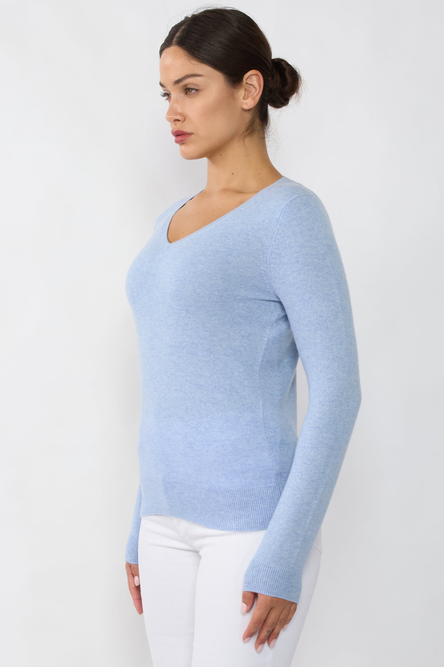 JENNIE LIU Women's 100% Pure Cashmere Long Sleeve Pullover V Neck Sweater