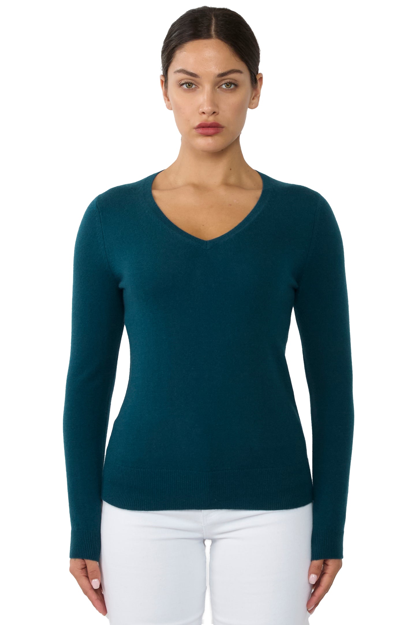 JENNIE LIU Women's 100% Pure Cashmere Long Sleeve Pullover V Neck Sweater