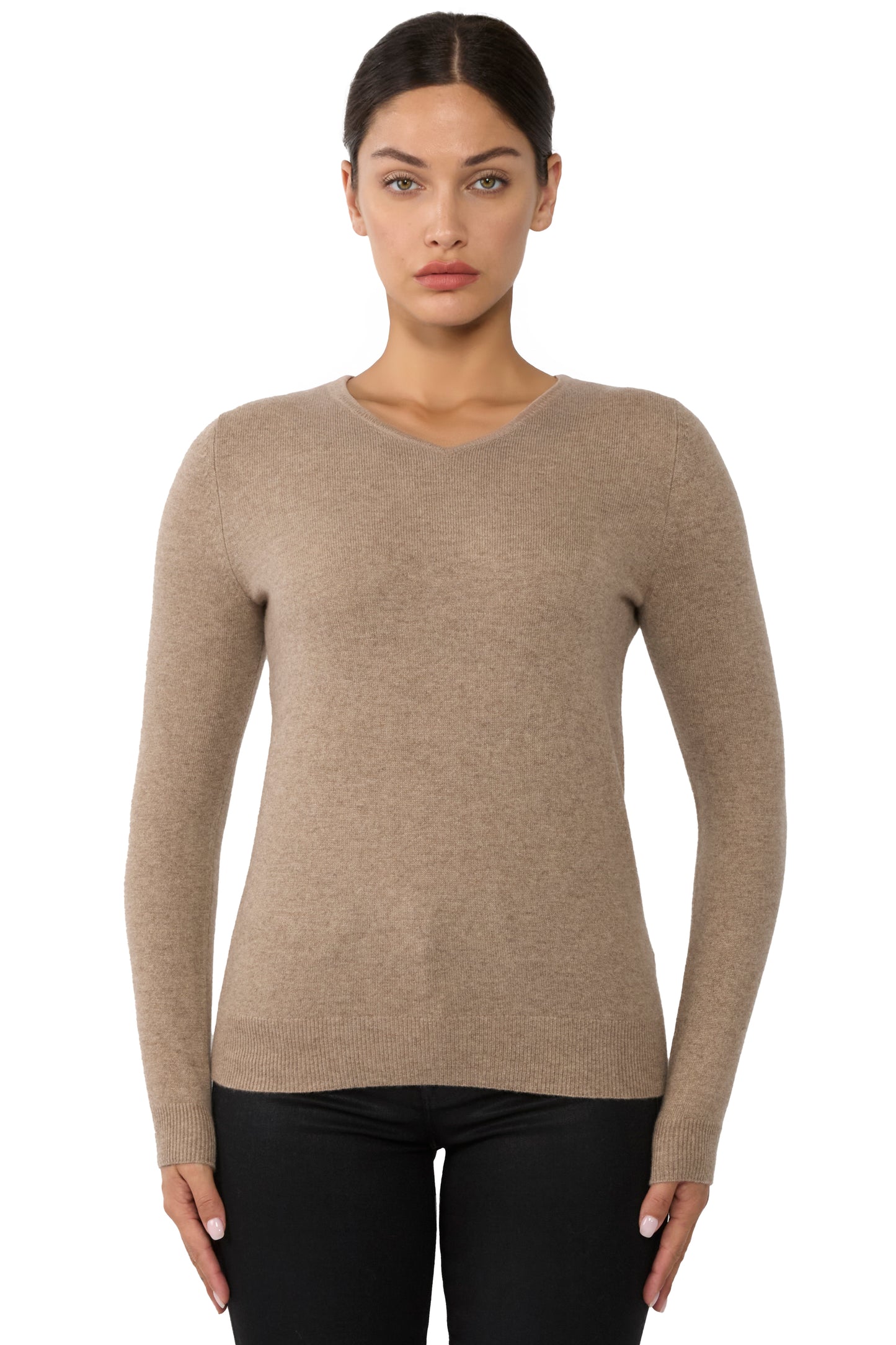 JENNIE LIU Women's 100% Pure Cashmere Long Sleeve Pullover V Neck Sweater