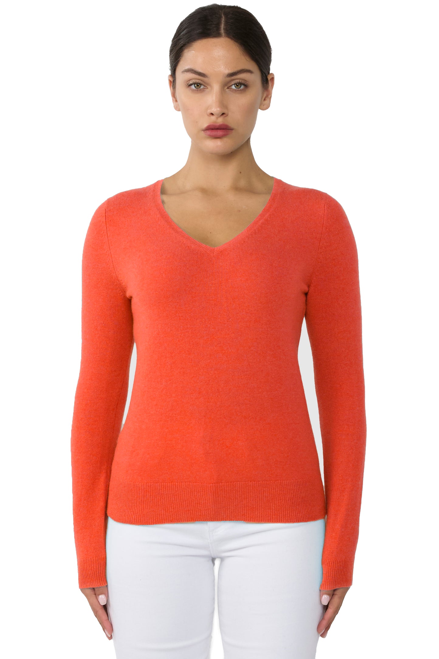 JENNIE LIU Women's 100% Pure Cashmere Long Sleeve Pullover V Neck Sweater