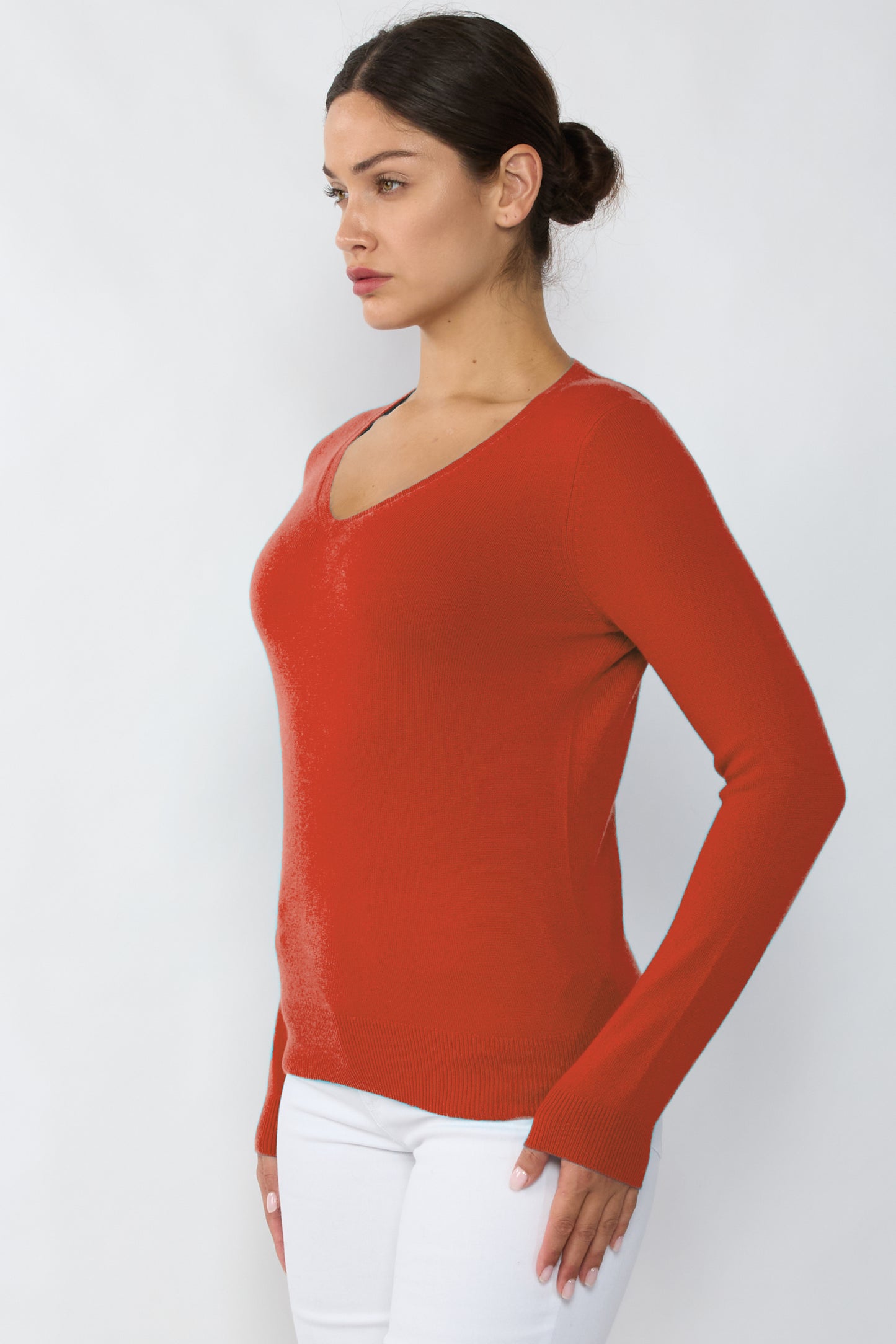 JENNIE LIU Women's 100% Pure Cashmere Long Sleeve Pullover V Neck Sweater