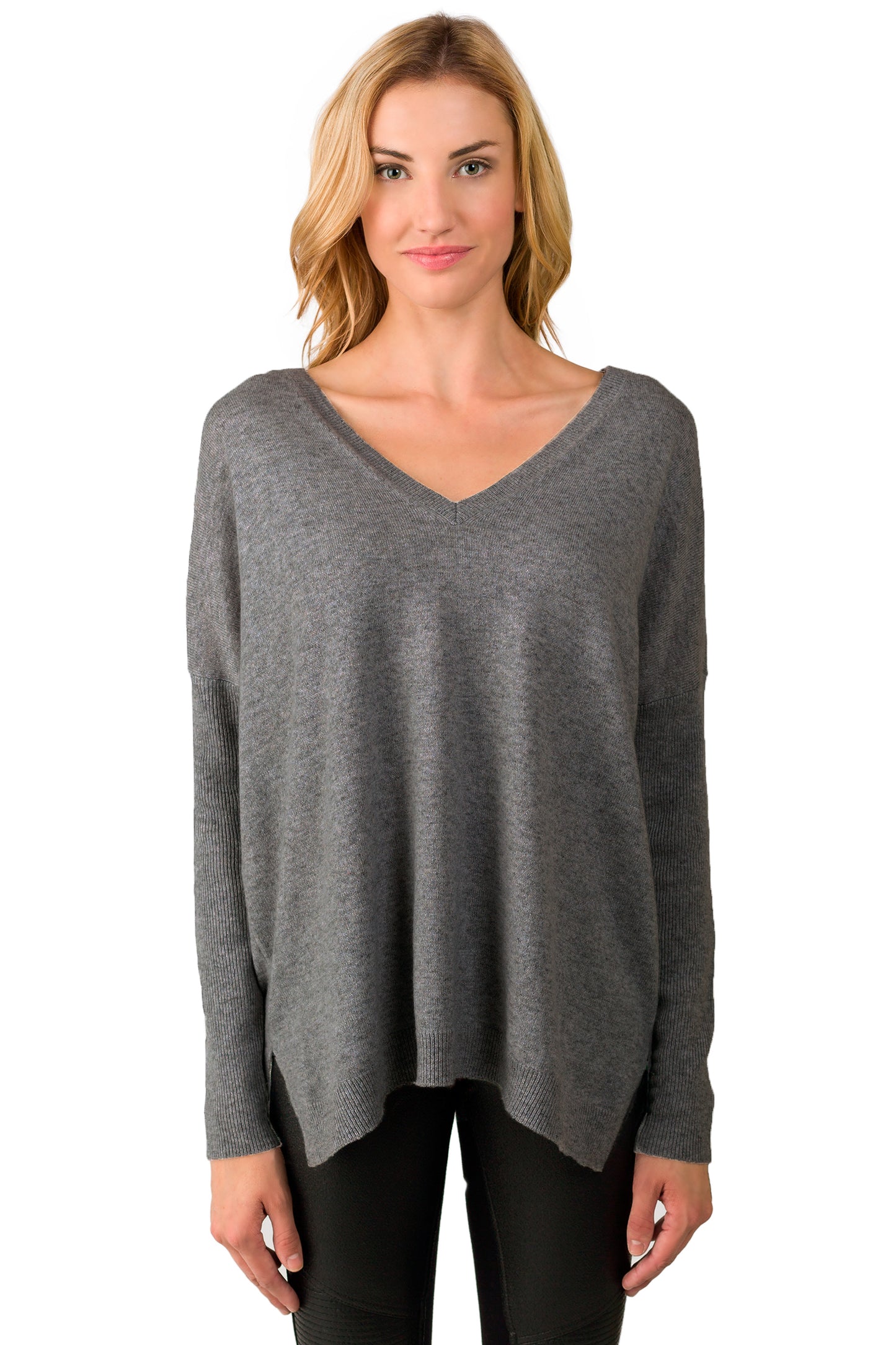J CASHMERE Women's 100% Cashmere Slouchy Dolman Sleeve Double V Neck Sweater