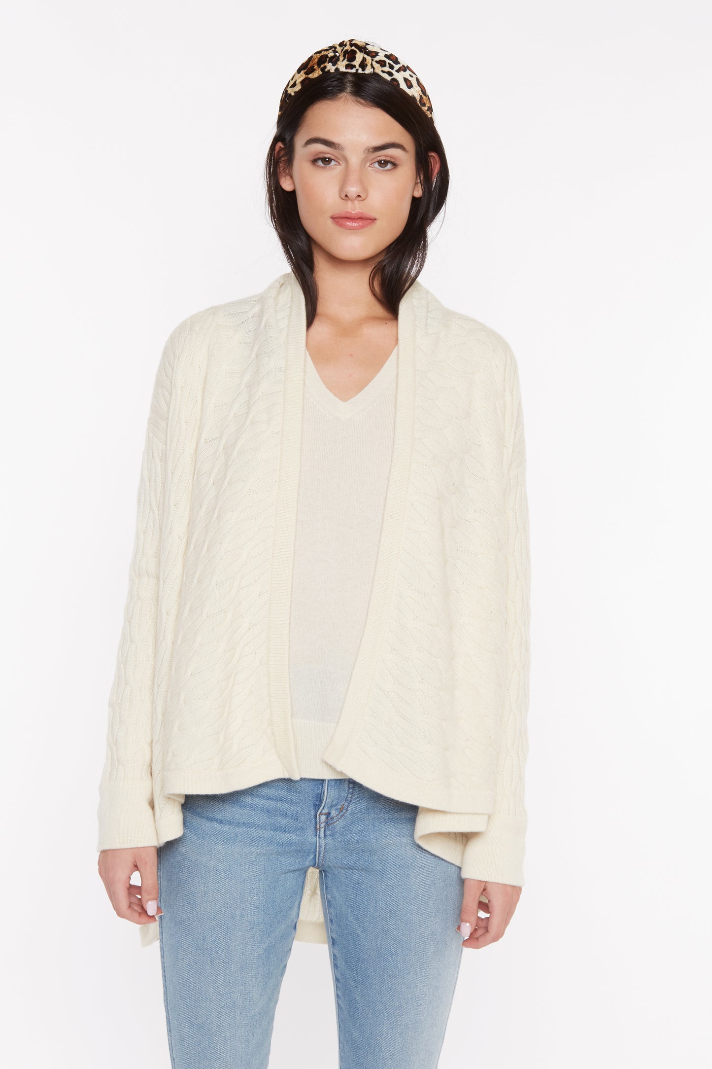JENNIE LIU Women's 100% Pure Cashmere 4-ply Cable-Knit Drape-Front Open Cardigan Sweater