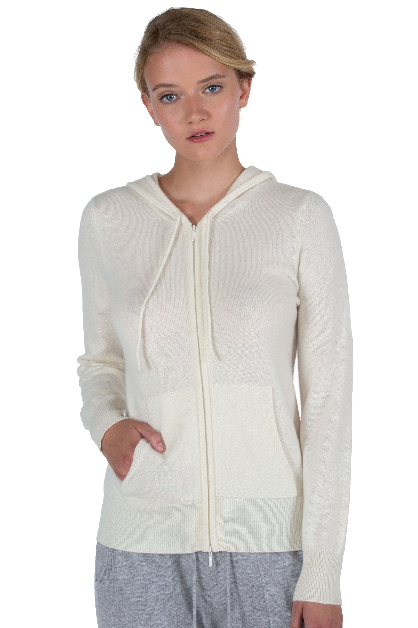 JENNIE LIU Women's 100% Pure Cashmere Long Sleeve Zip Hoodie Cardigan Sweater