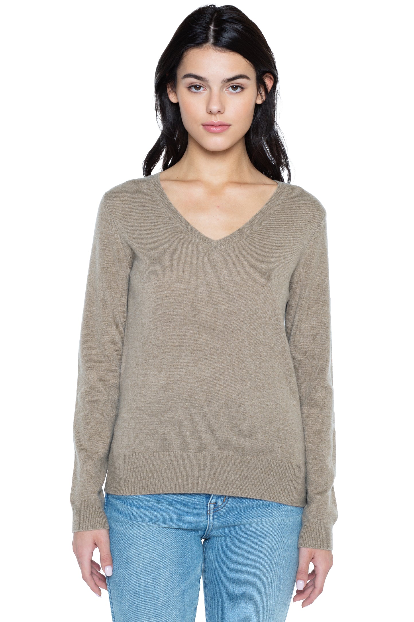 JENNIE LIU Women's 100% Pure Cashmere Long Sleeve Pullover V Neck Sweater