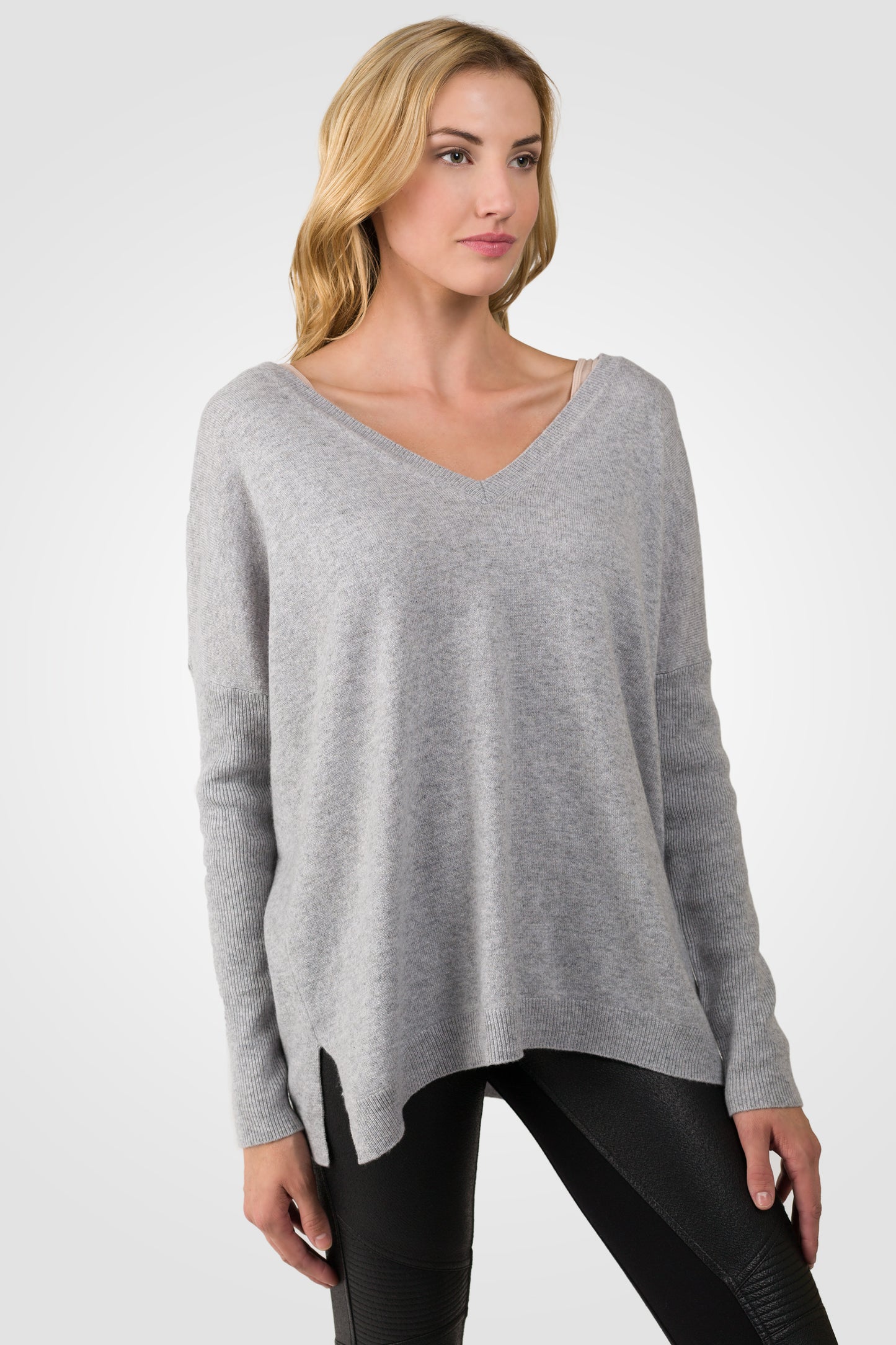 J CASHMERE Women's 100% Cashmere Slouchy Dolman Sleeve Double V Neck Sweater
