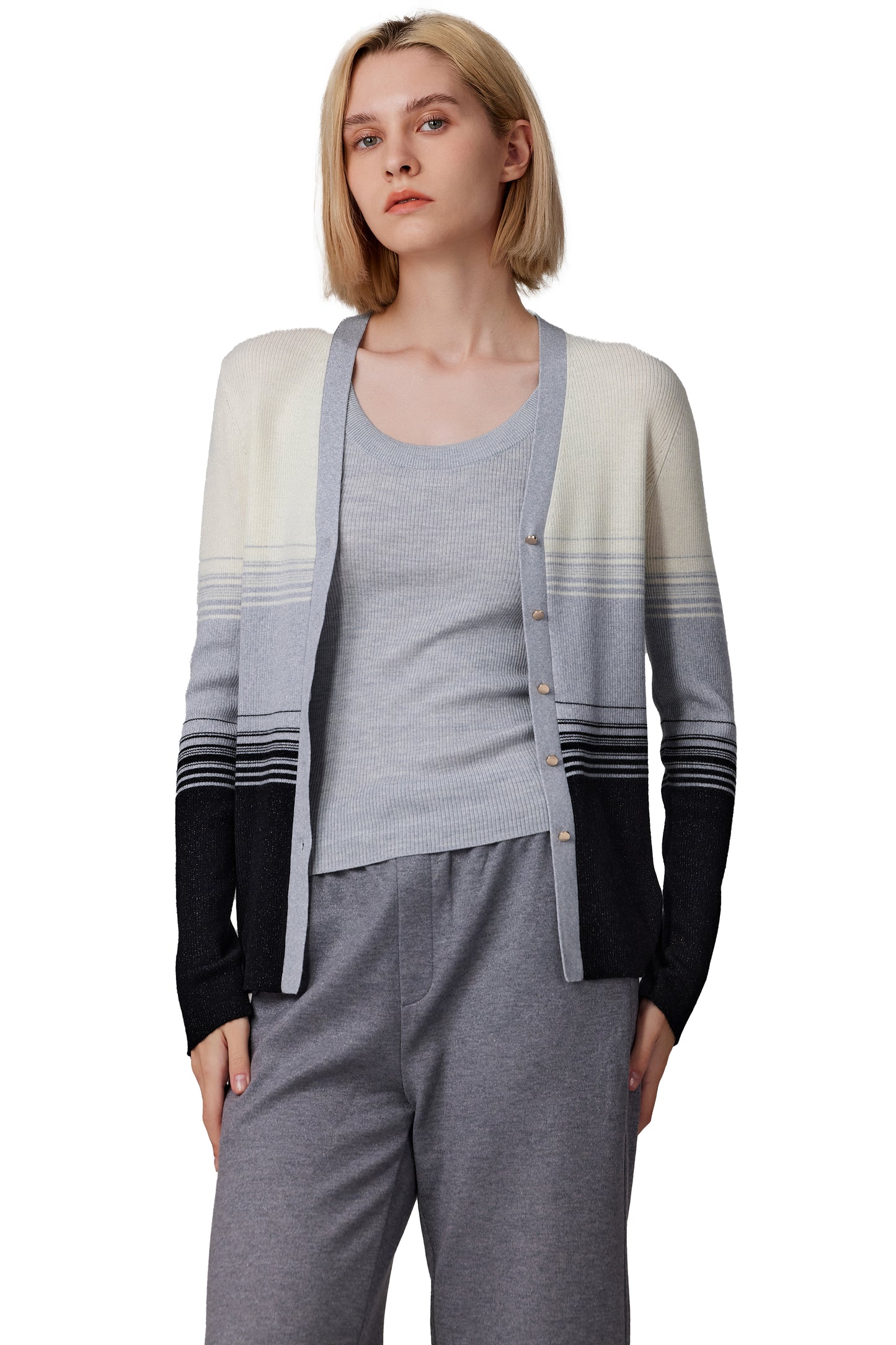 JENNIE LIU Womens Lurex Wool Cardigan | Metallic Button Up V Neck Sweater | Ultra Soft Ribbed Shimmer Knit | Machine Washable Cardigan Sweaters for Women