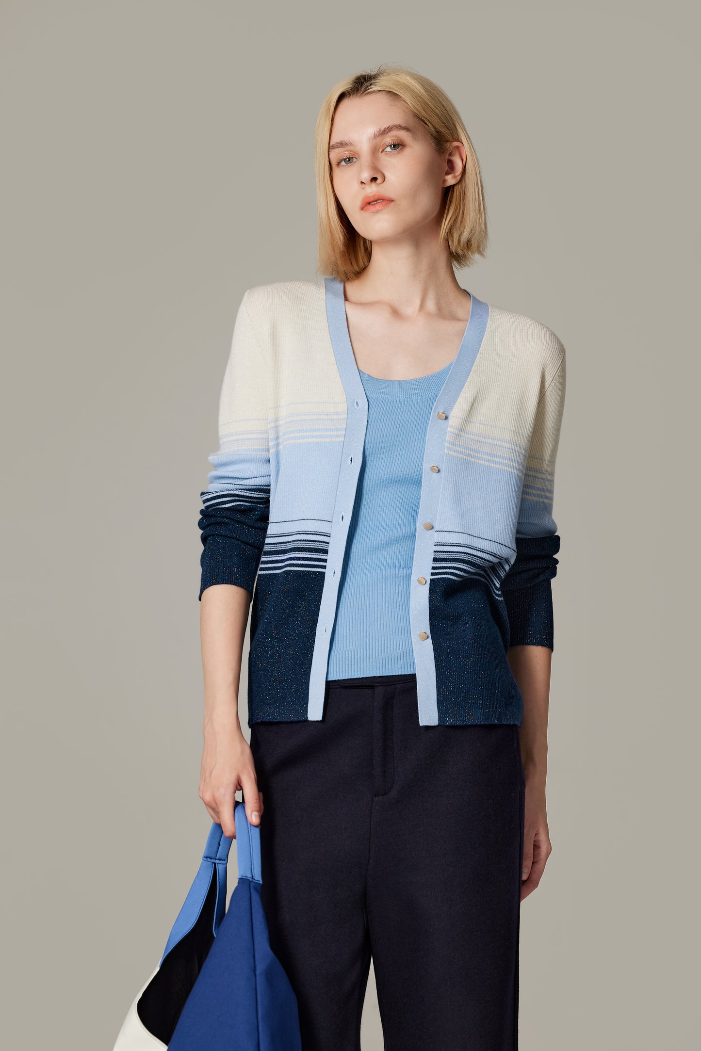 JENNIE LIU Womens Lurex Wool Cardigan | Metallic Button Up V Neck Sweater | Ultra Soft Ribbed Shimmer Knit | Machine Washable Cardigan Sweaters for Women