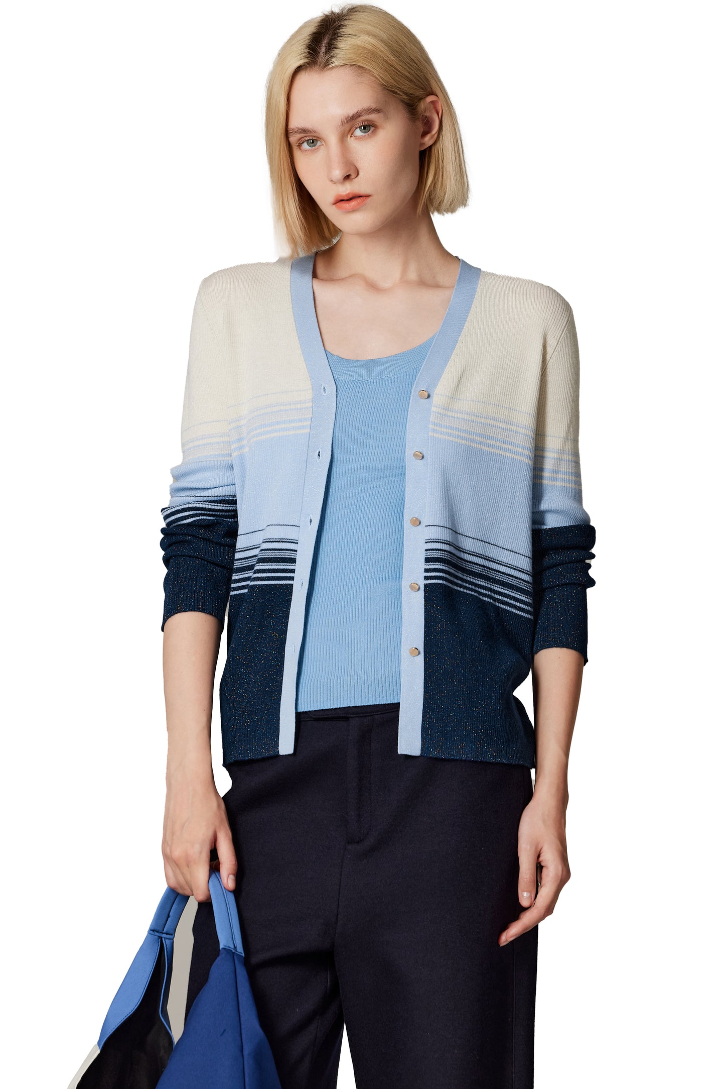 JENNIE LIU Womens Lurex Wool Cardigan | Metallic Button Up V Neck Sweater | Ultra Soft Ribbed Shimmer Knit | Machine Washable Cardigan Sweaters for Women