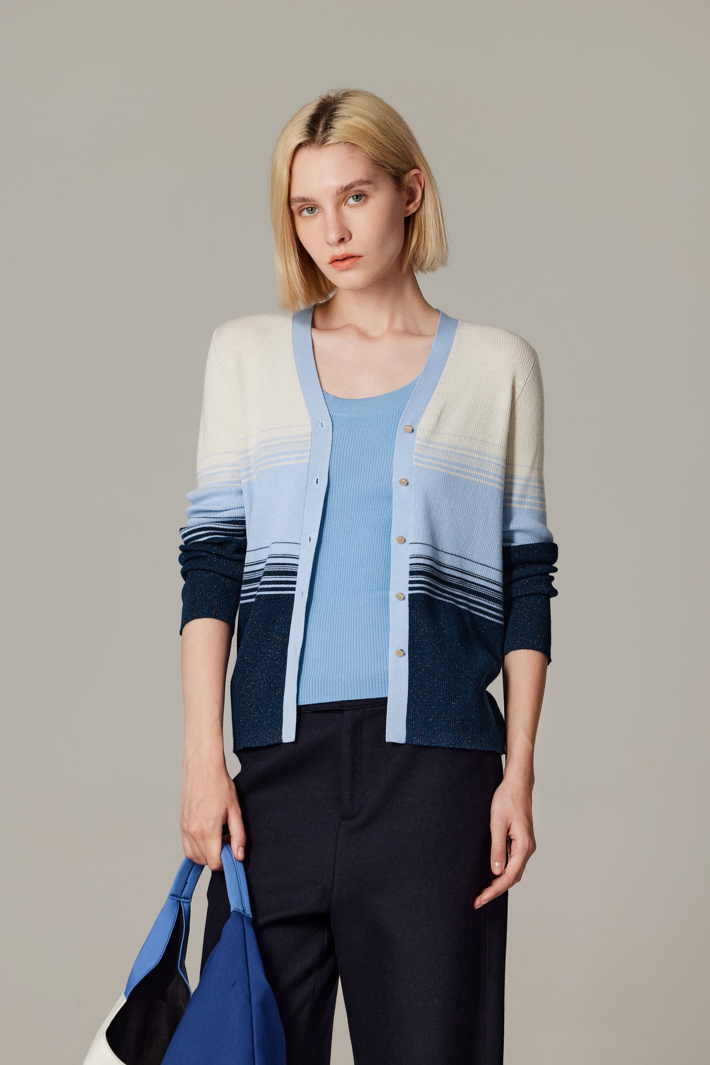 JENNIE LIU Womens Lurex Wool Cardigan | Metallic Button Up V Neck Sweater | Ultra Soft Ribbed Shimmer Knit | Machine Washable Cardigan Sweaters for Women