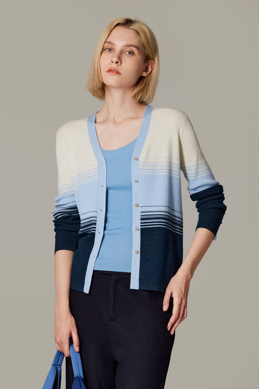 JENNIE LIU Womens Lurex Wool Cardigan | Metallic Button Up V Neck Sweater | Ultra Soft Ribbed Shimmer Knit | Machine Washable Cardigan Sweaters for Women