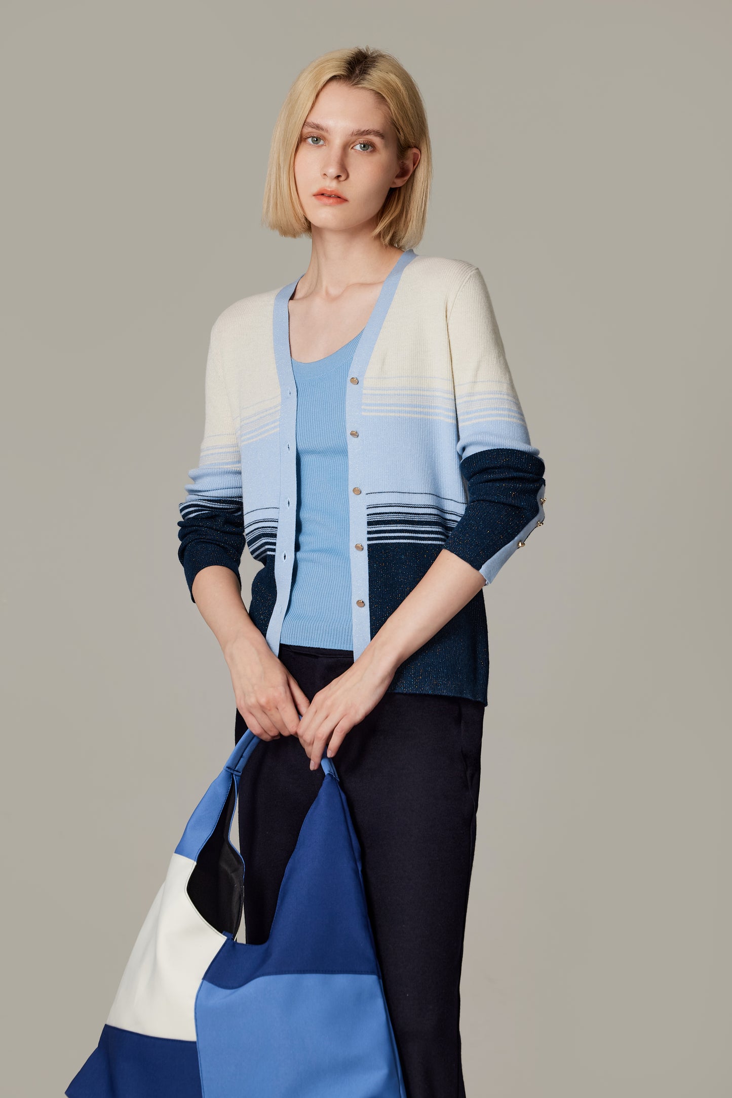 JENNIE LIU Womens Lurex Wool Cardigan | Metallic Button Up V Neck Sweater | Ultra Soft Ribbed Shimmer Knit | Machine Washable Cardigan Sweaters for Women