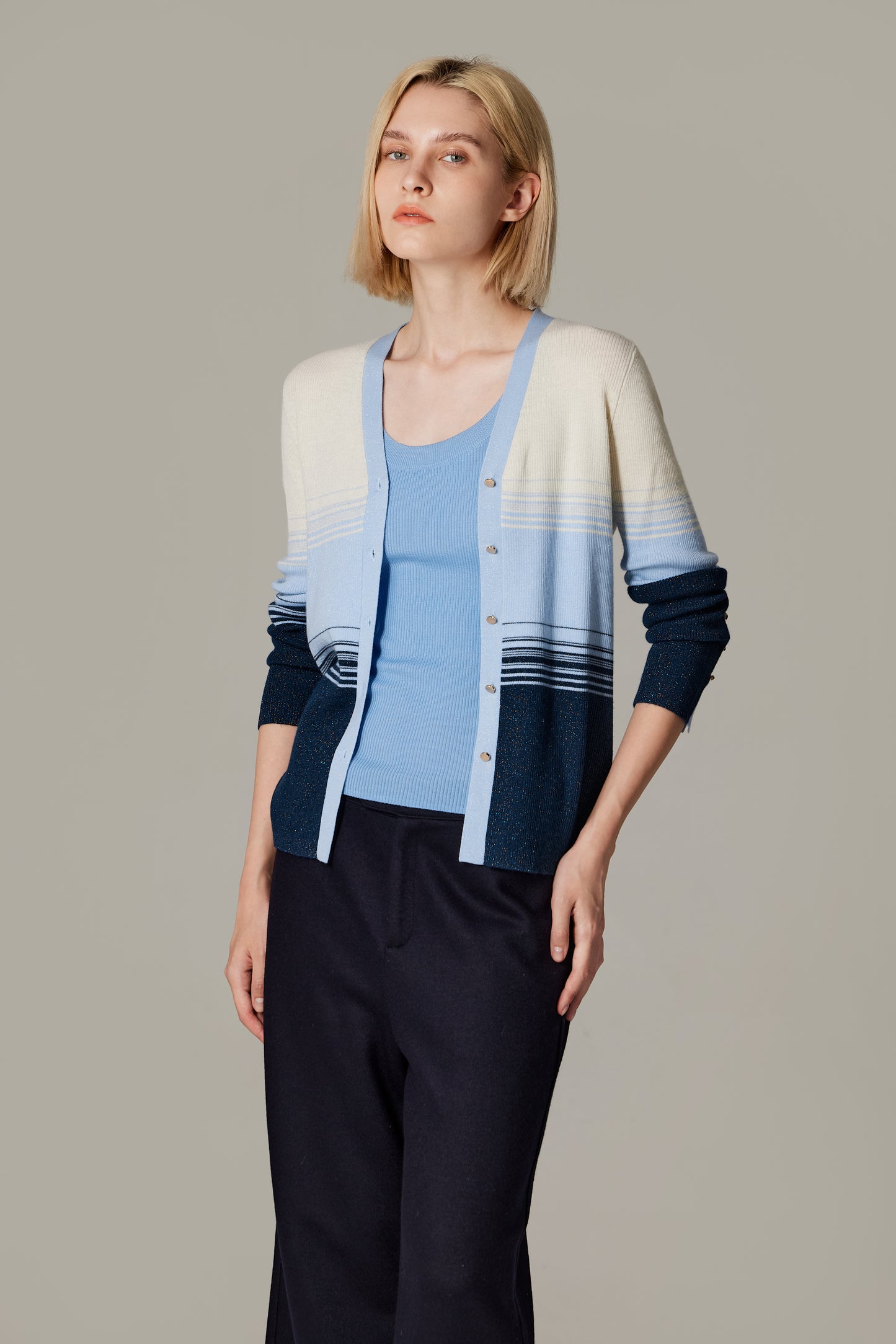 JENNIE LIU Womens Lurex Wool Cardigan | Metallic Button Up V Neck Sweater | Ultra Soft Ribbed Shimmer Knit | Machine Washable Cardigan Sweaters for Women