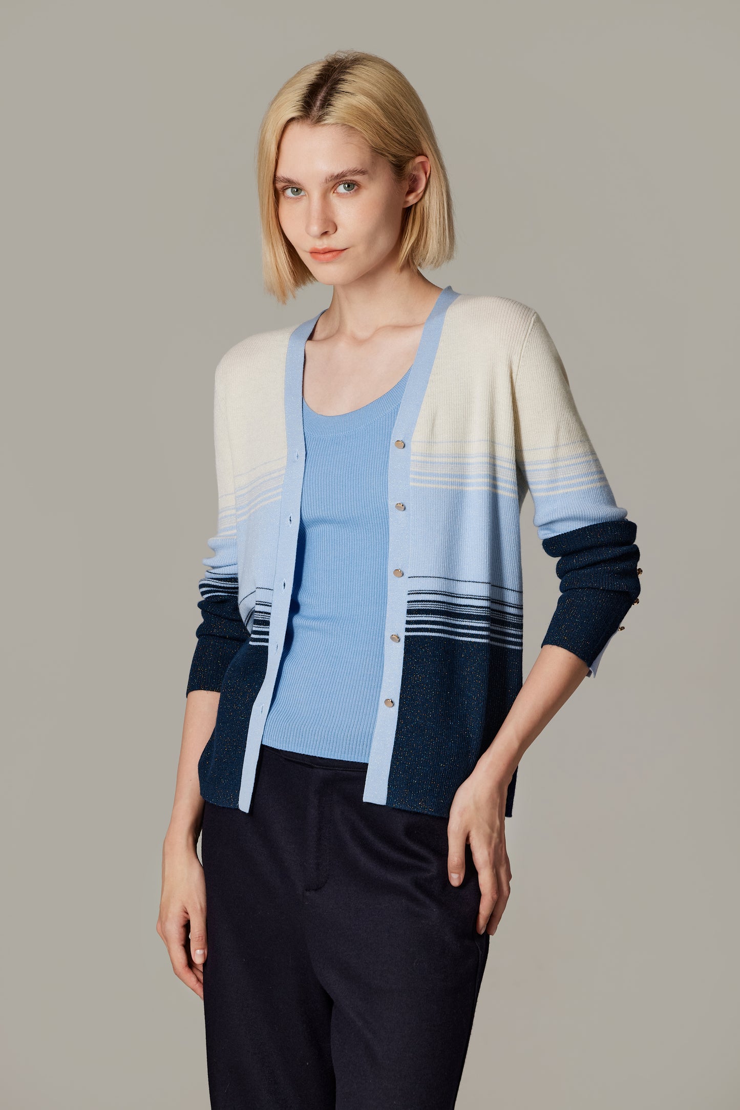 JENNIE LIU Womens Lurex Wool Cardigan | Metallic Button Up V Neck Sweater | Ultra Soft Ribbed Shimmer Knit | Machine Washable Cardigan Sweaters for Women