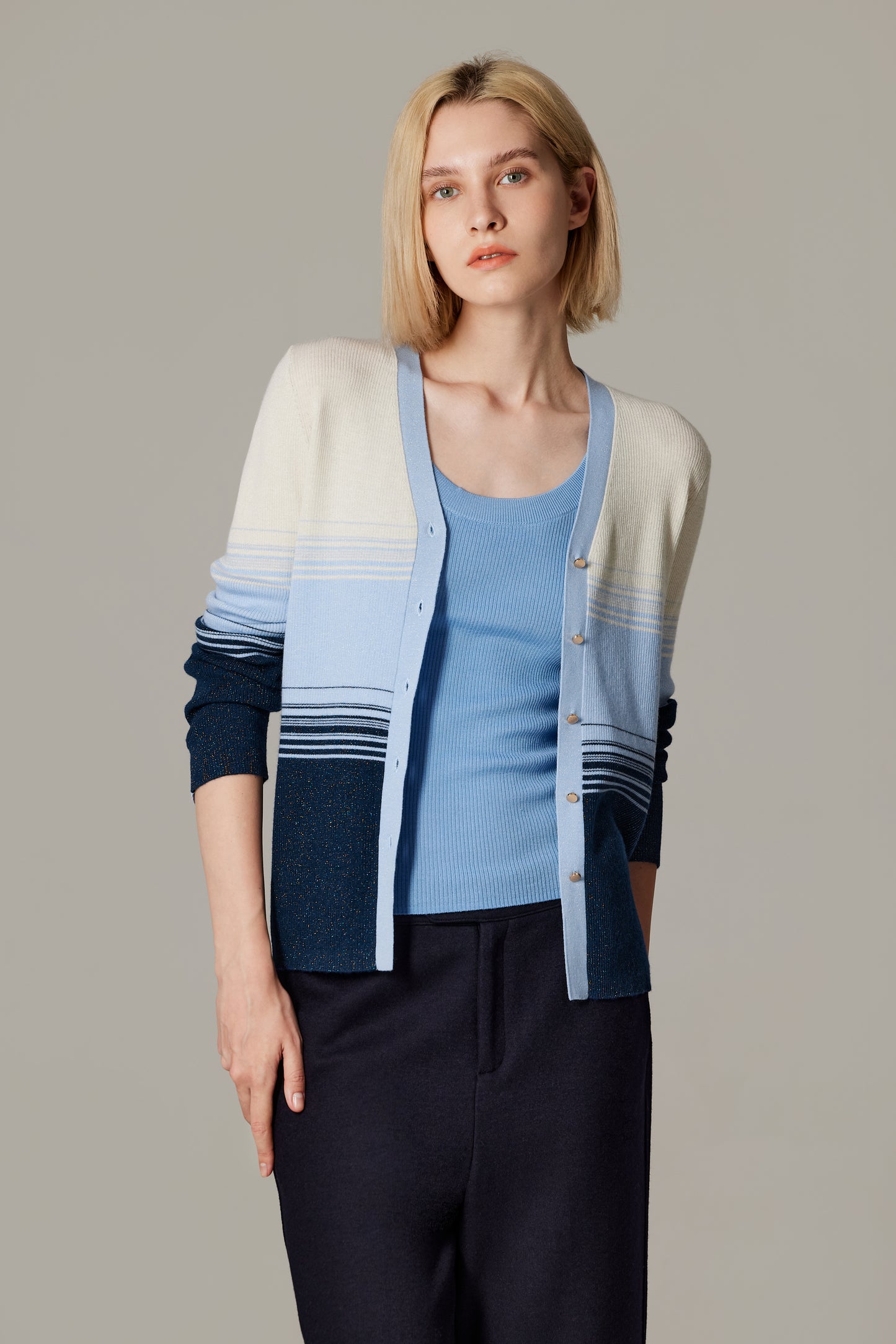 JENNIE LIU Womens Lurex Wool Cardigan | Metallic Button Up V Neck Sweater | Ultra Soft Ribbed Shimmer Knit | Machine Washable Cardigan Sweaters for Women