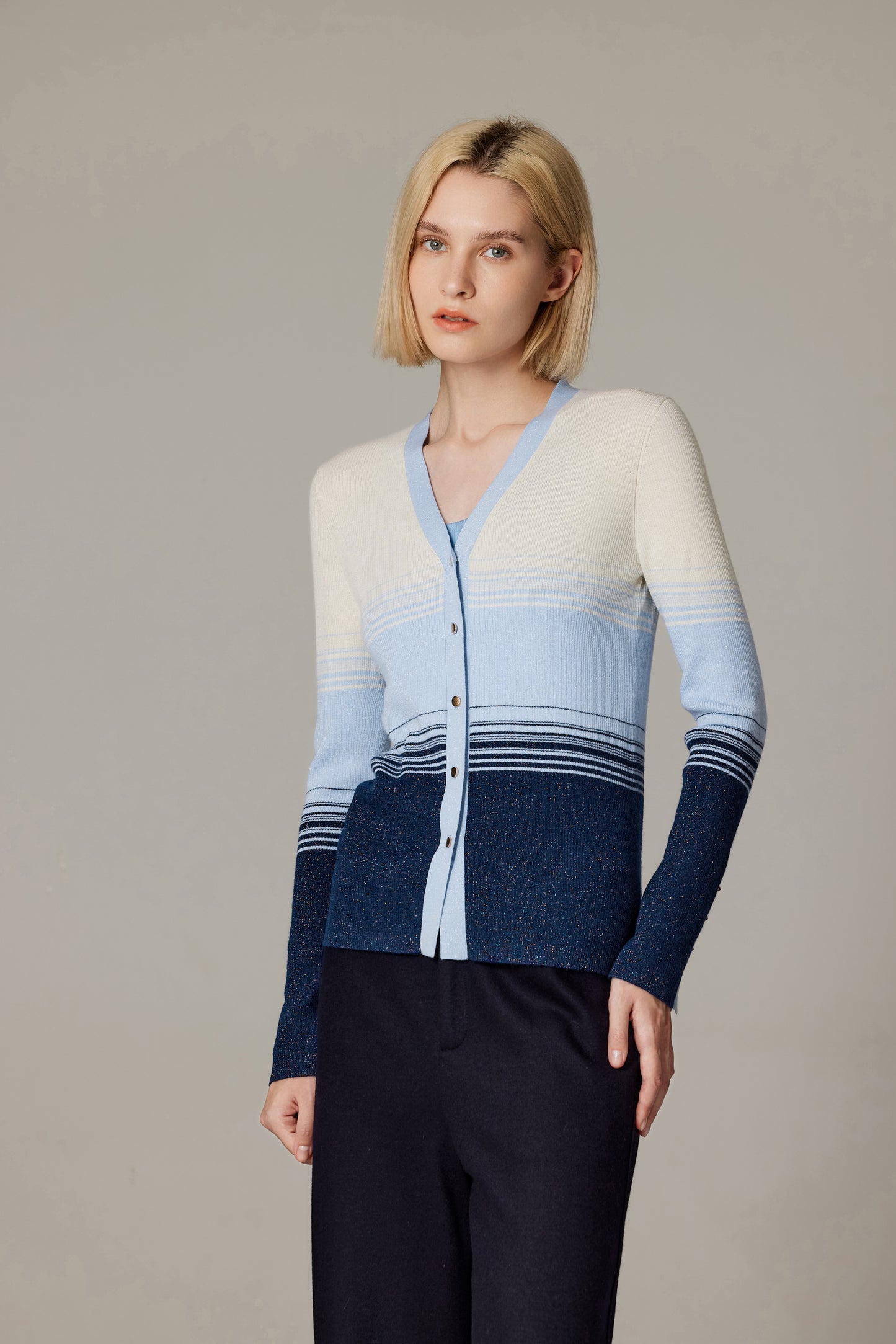 JENNIE LIU Womens Lurex Wool Cardigan | Metallic Button Up V Neck Sweater | Ultra Soft Ribbed Shimmer Knit | Machine Washable Cardigan Sweaters for Women