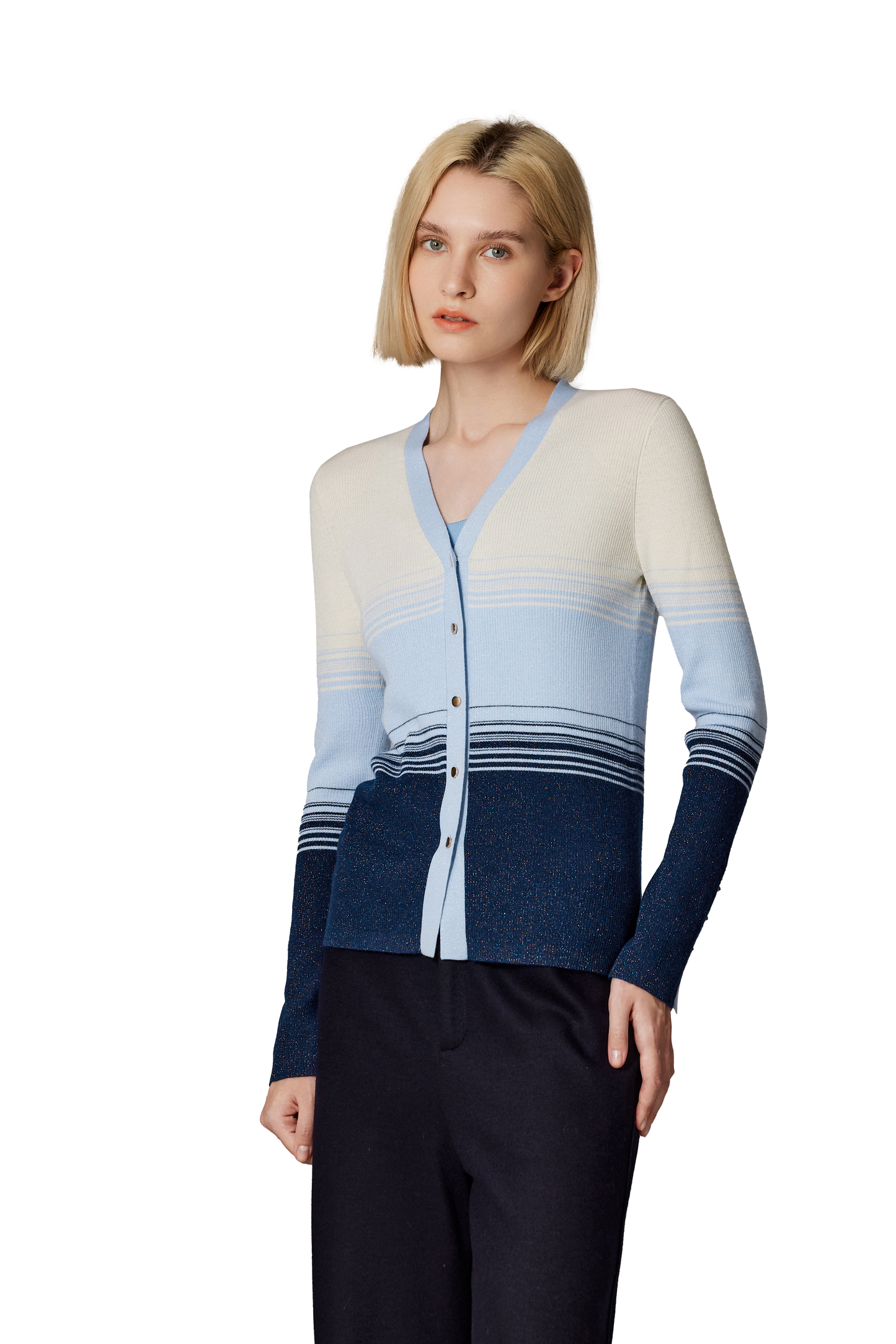 JENNIE LIU Womens Lurex Wool Cardigan | Metallic Button Up V Neck Sweater | Ultra Soft Ribbed Shimmer Knit | Machine Washable Cardigan Sweaters for Women