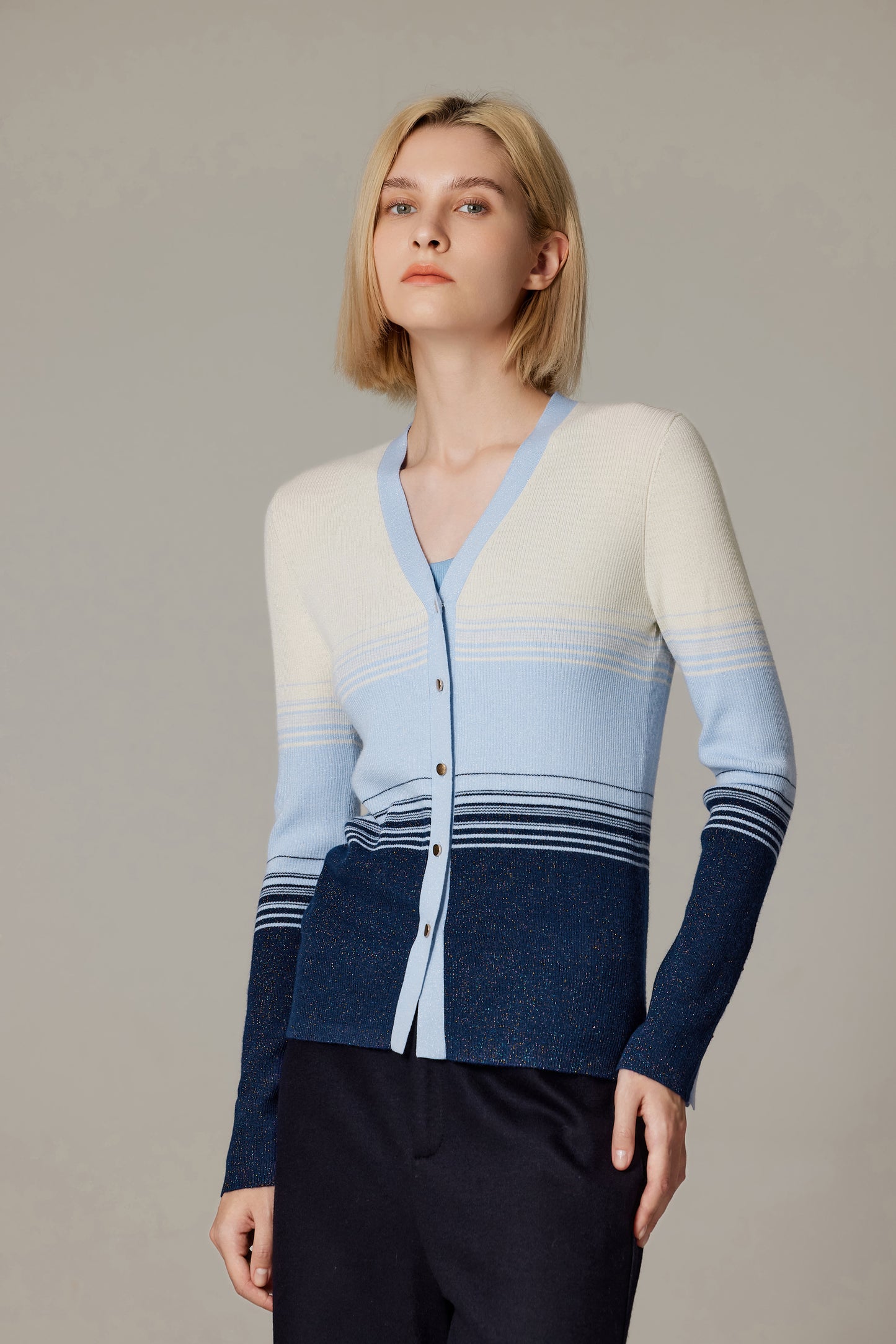 JENNIE LIU Womens Lurex Wool Cardigan | Metallic Button Up V Neck Sweater | Ultra Soft Ribbed Shimmer Knit | Machine Washable Cardigan Sweaters for Women