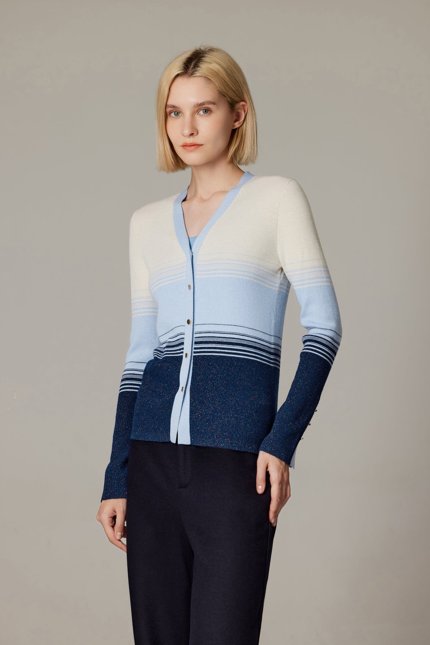 JENNIE LIU Womens Lurex Wool Cardigan | Metallic Button Up V Neck Sweater | Ultra Soft Ribbed Shimmer Knit | Machine Washable Cardigan Sweaters for Women