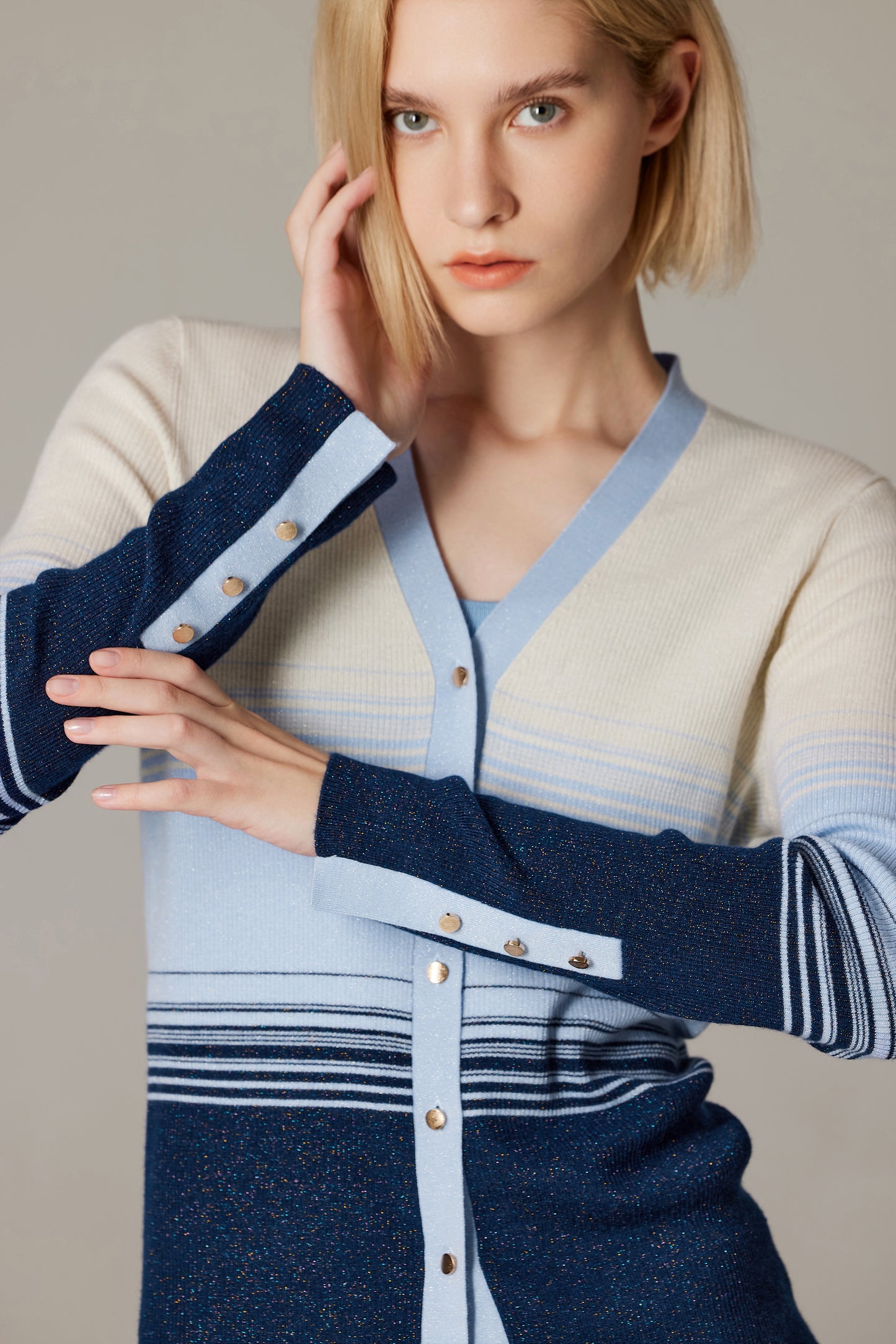 JENNIE LIU Womens Lurex Wool Cardigan | Metallic Button Up V Neck Sweater | Ultra Soft Ribbed Shimmer Knit | Machine Washable Cardigan Sweaters for Women