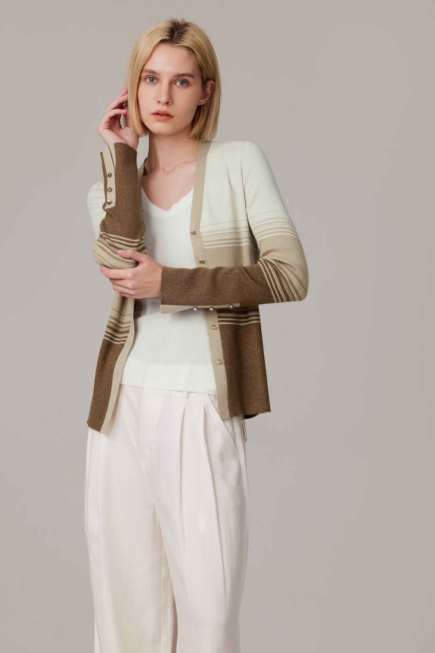 JENNIE LIU Womens Lurex Wool Cardigan | Metallic Button Up V Neck Sweater | Ultra Soft Ribbed Shimmer Knit | Machine Washable Cardigan Sweaters for Women