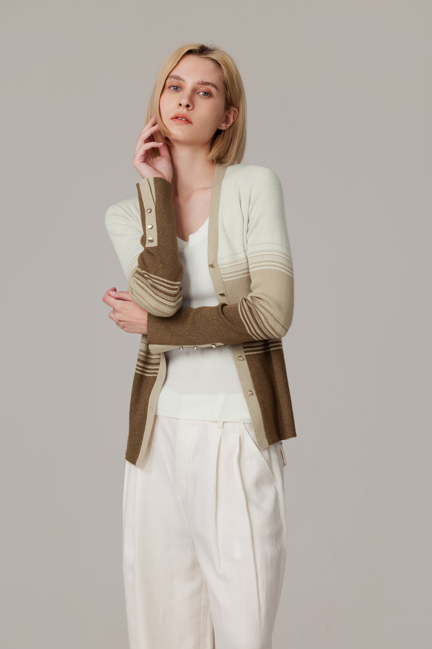 JENNIE LIU Womens Lurex Wool Cardigan | Metallic Button Up V Neck Sweater | Ultra Soft Ribbed Shimmer Knit | Machine Washable Cardigan Sweaters for Women