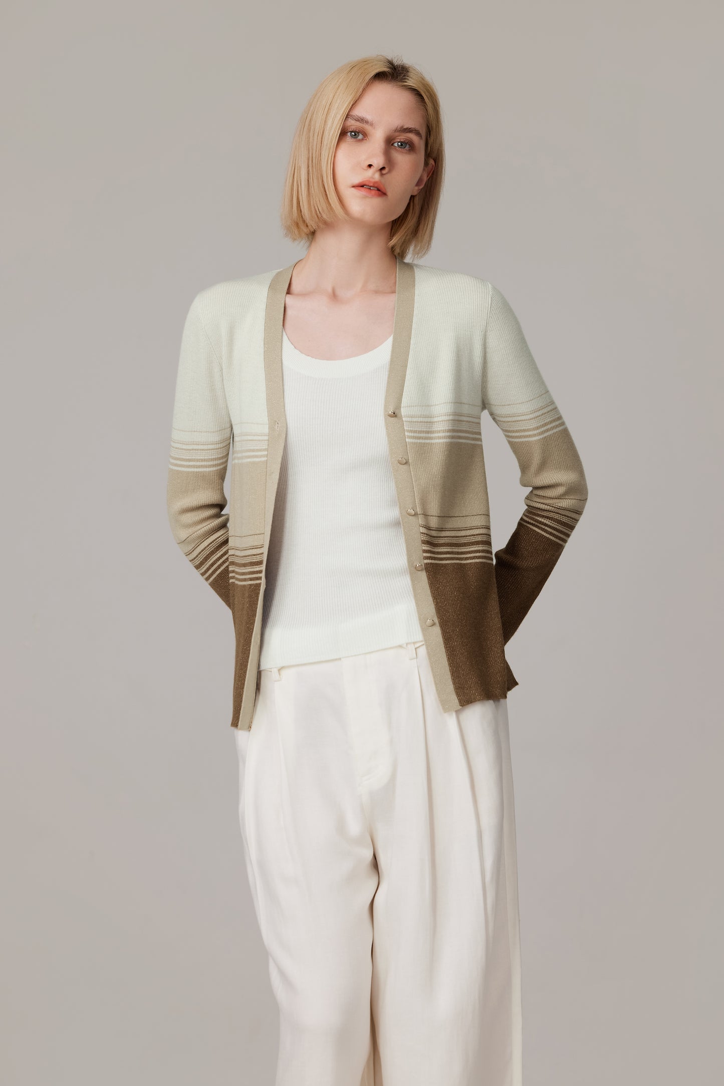 JENNIE LIU Womens Lurex Wool Cardigan | Metallic Button Up V Neck Sweater | Ultra Soft Ribbed Shimmer Knit | Machine Washable Cardigan Sweaters for Women