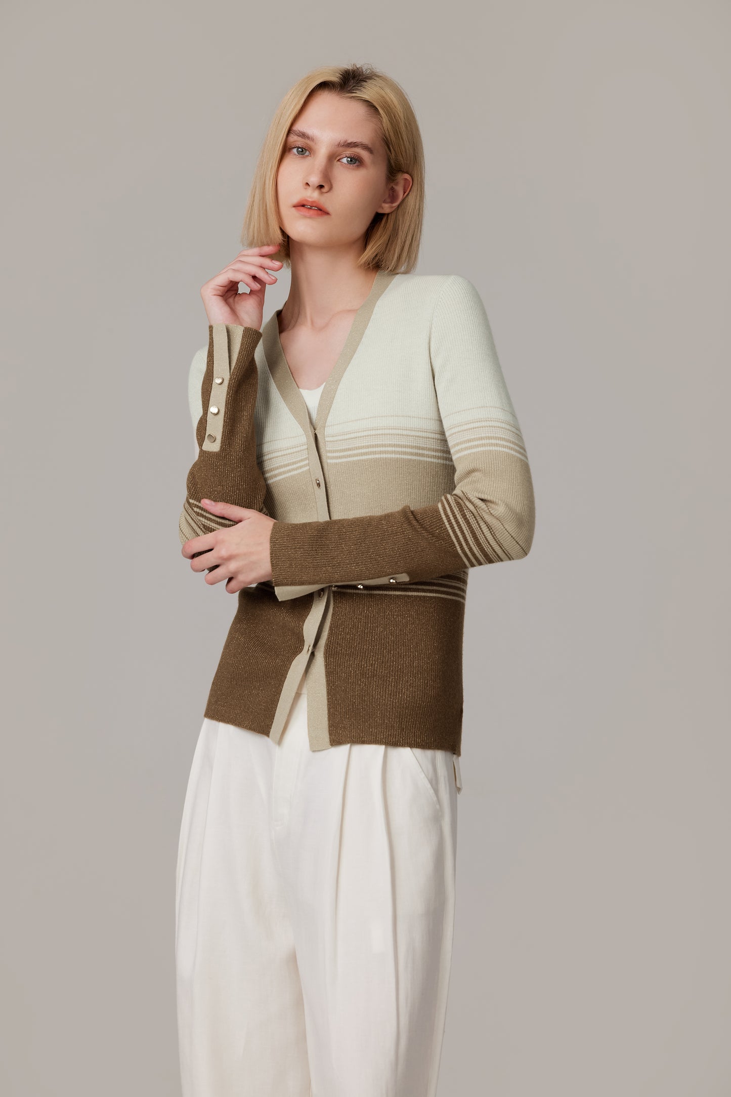 JENNIE LIU Womens Lurex Wool Cardigan | Metallic Button Up V Neck Sweater | Ultra Soft Ribbed Shimmer Knit | Machine Washable Cardigan Sweaters for Women