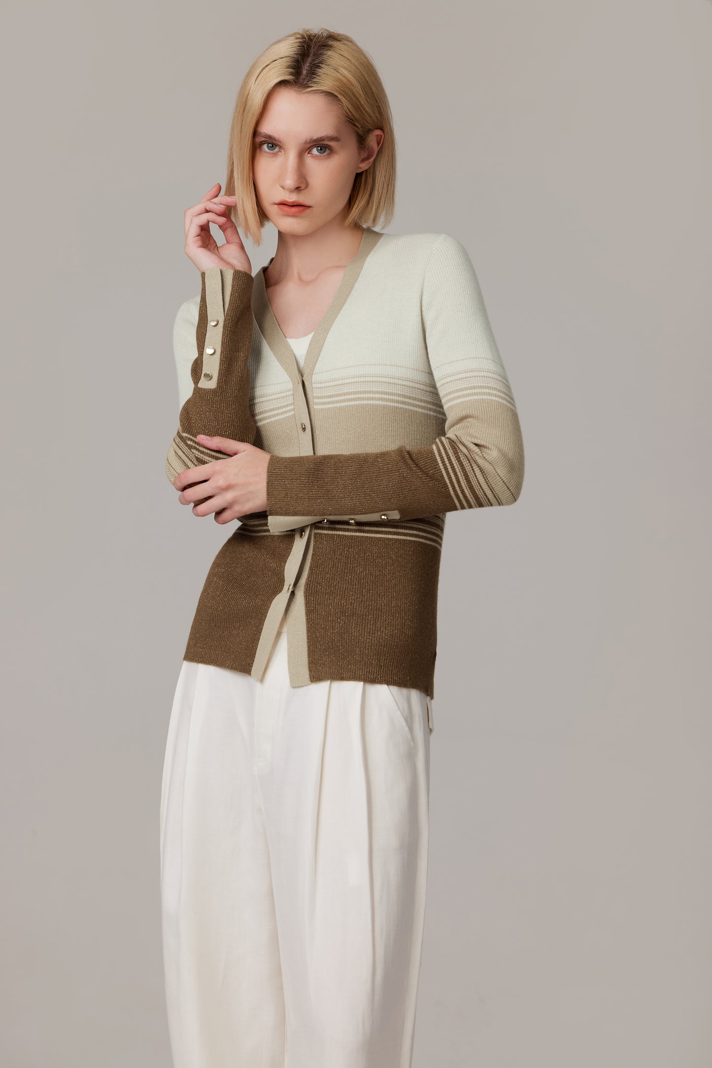 JENNIE LIU Womens Lurex Wool Cardigan | Metallic Button Up V Neck Sweater | Ultra Soft Ribbed Shimmer Knit | Machine Washable Cardigan Sweaters for Women