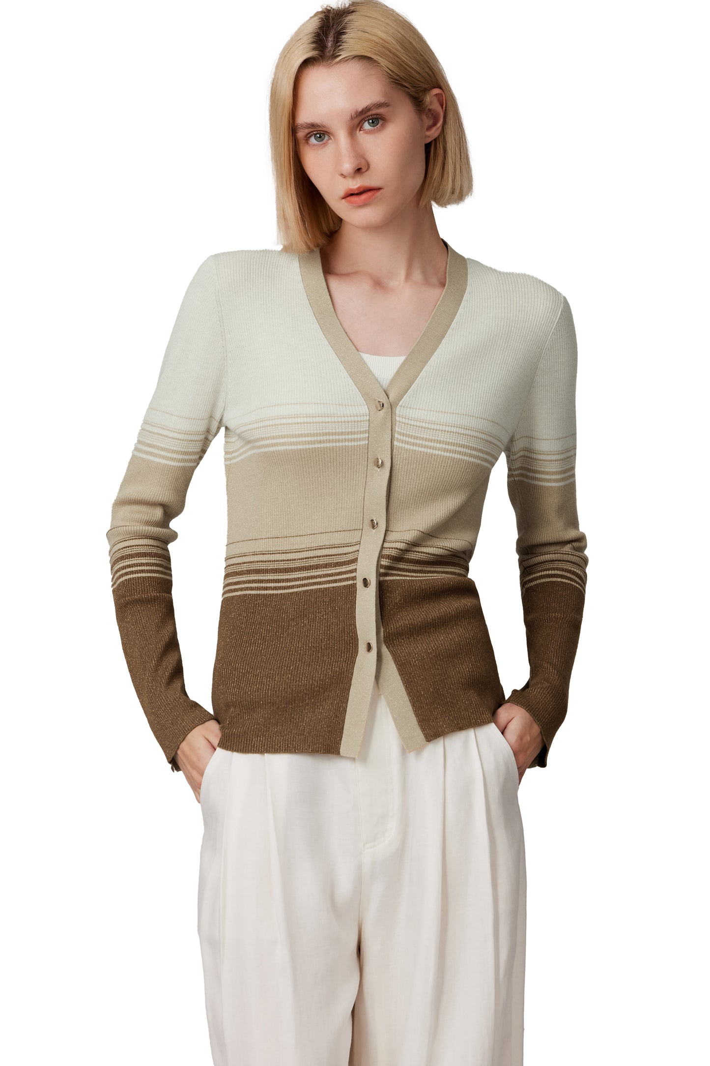 JENNIE LIU Womens Lurex Wool Cardigan | Metallic Button Up V Neck Sweater | Ultra Soft Ribbed Shimmer Knit | Machine Washable Cardigan Sweaters for Women