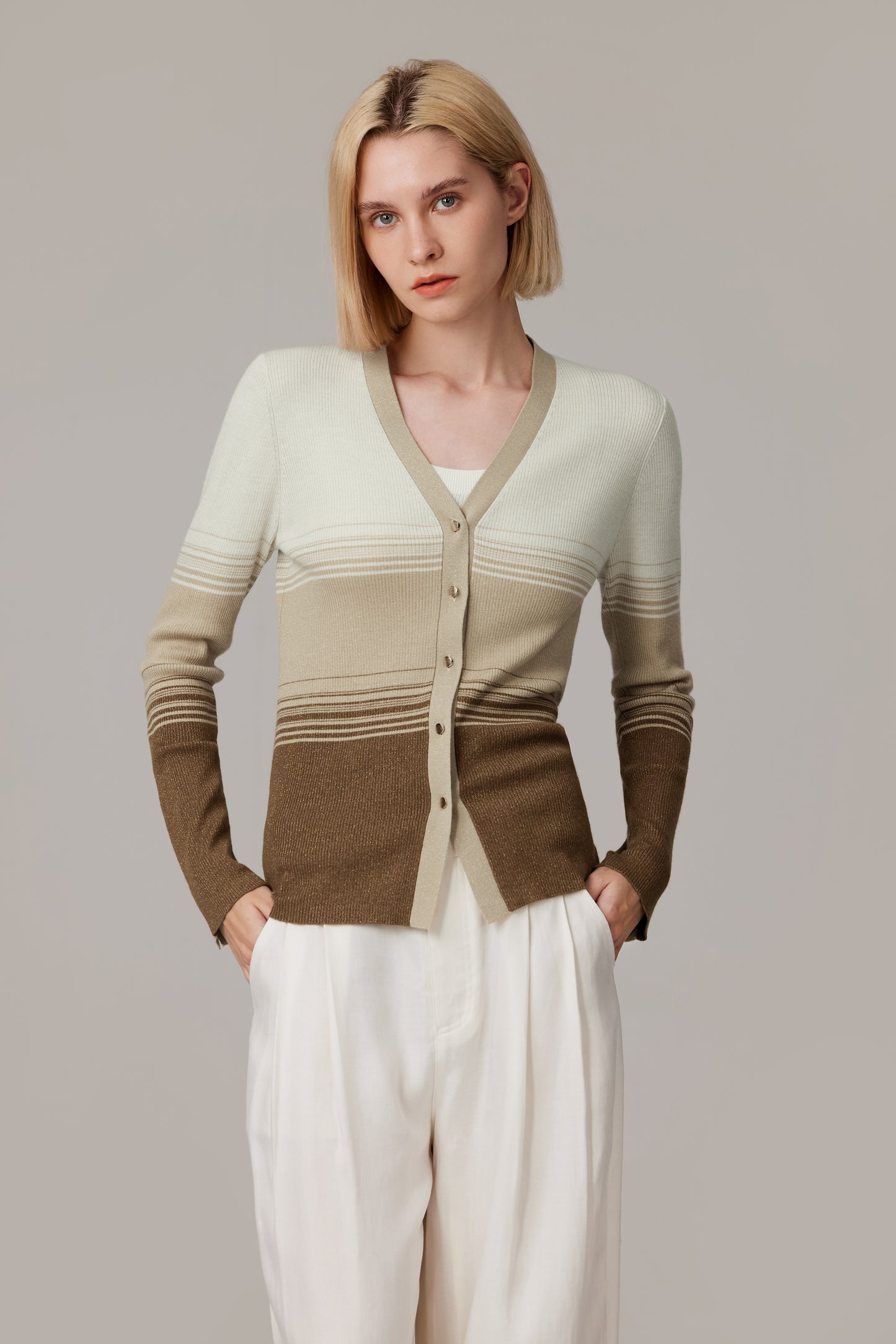 JENNIE LIU Womens Lurex Wool Cardigan | Metallic Button Up V Neck Sweater | Ultra Soft Ribbed Shimmer Knit | Machine Washable Cardigan Sweaters for Women