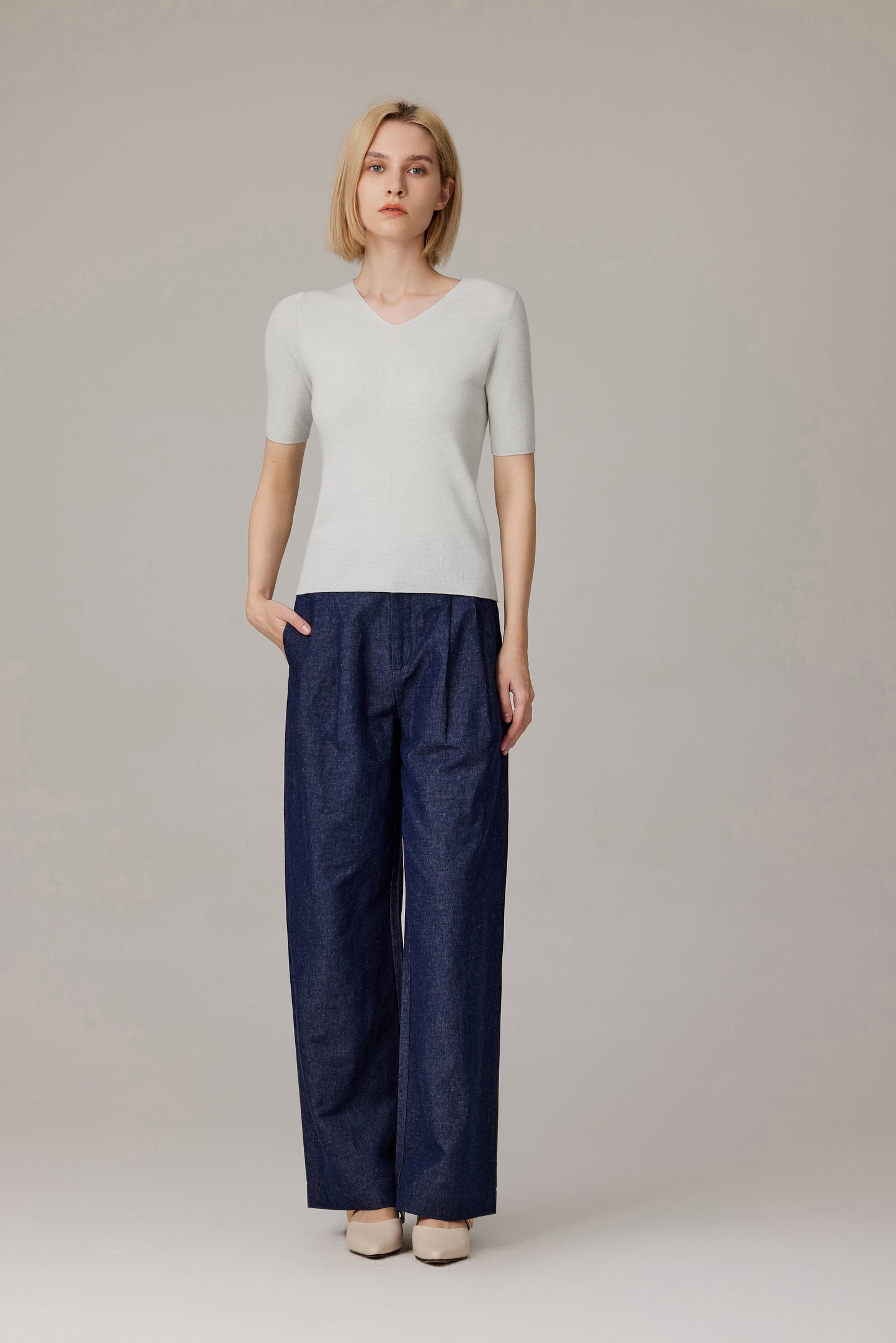 JENNIE LIU Women's Merino Wool Lurex Sweater | Shimmer Fine gauge V-Neck Short Sleeve Top | Machine Washable Pullover for Women