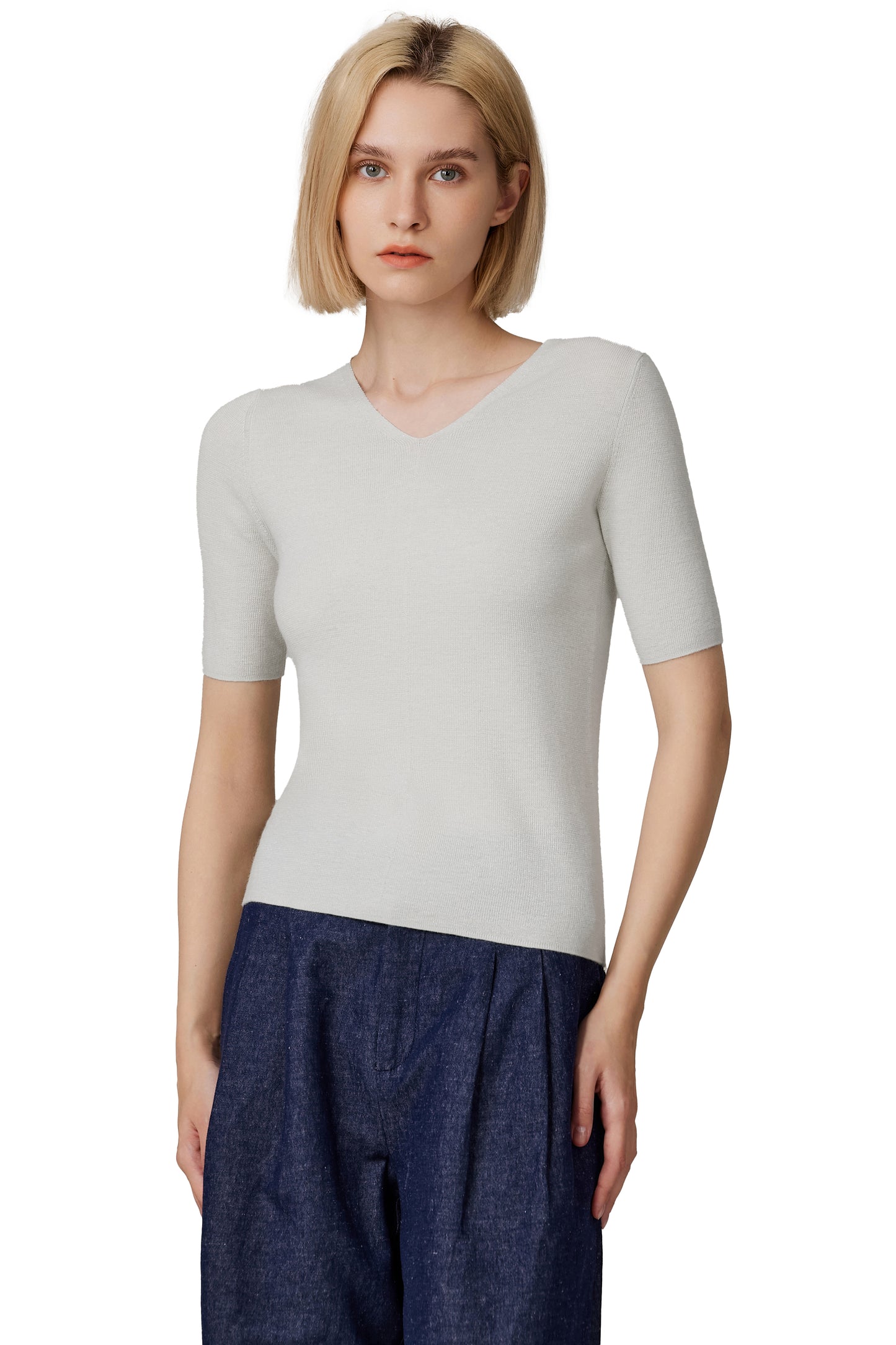 JENNIE LIU Women's Merino Wool Lurex Sweater | Shimmer Fine gauge V-Neck Short Sleeve Top | Machine Washable Pullover for Women