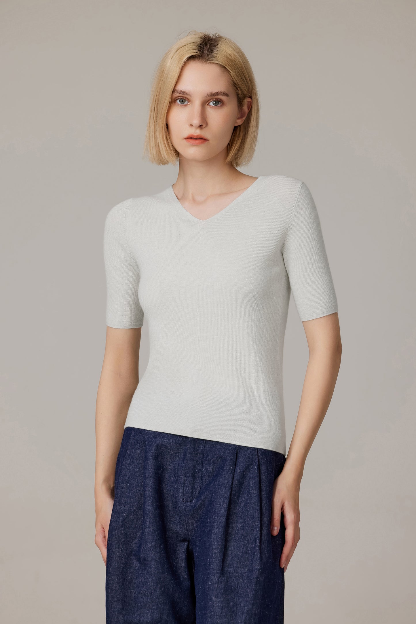 JENNIE LIU Women's Merino Wool Lurex Sweater | Shimmer Fine gauge V-Neck Short Sleeve Top | Machine Washable Pullover for Women