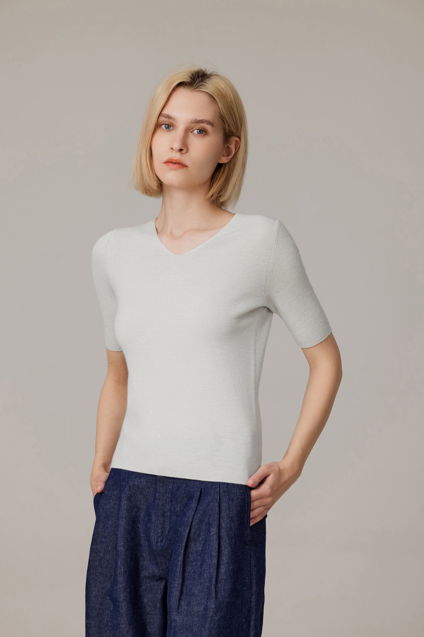 JENNIE LIU Women's Merino Wool Lurex Sweater | Shimmer Fine gauge V-Neck Short Sleeve Top | Machine Washable Pullover for Women