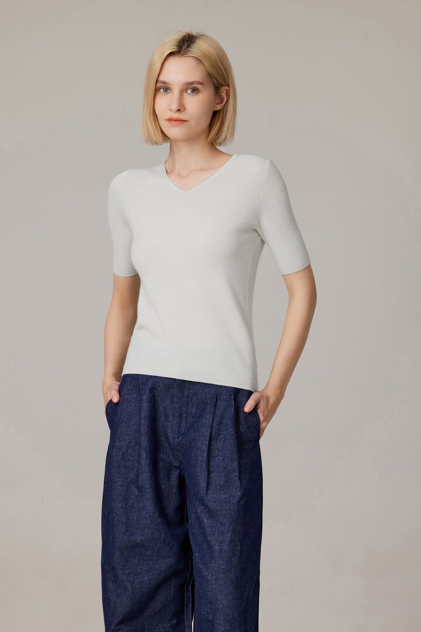 JENNIE LIU Women's Merino Wool Lurex Sweater | Shimmer Fine gauge V-Neck Short Sleeve Top | Machine Washable Pullover for Women